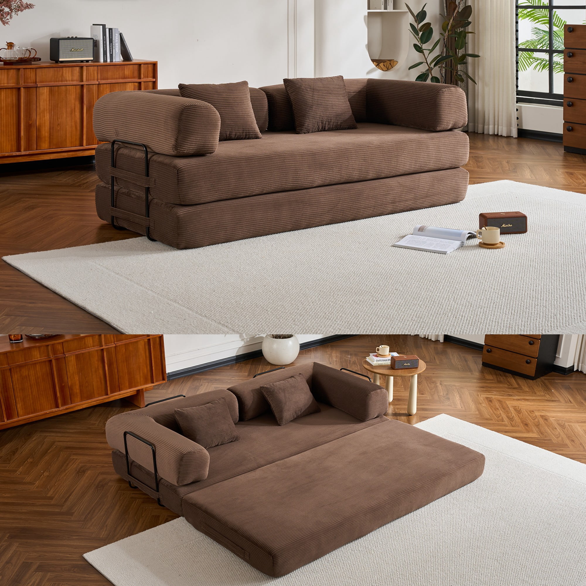 BSHTI 77" Corduroy Convertible Sleeper Sofa Bed with Cylindrical Pillow, No Assembly, Small Space for Living Room（Brown）