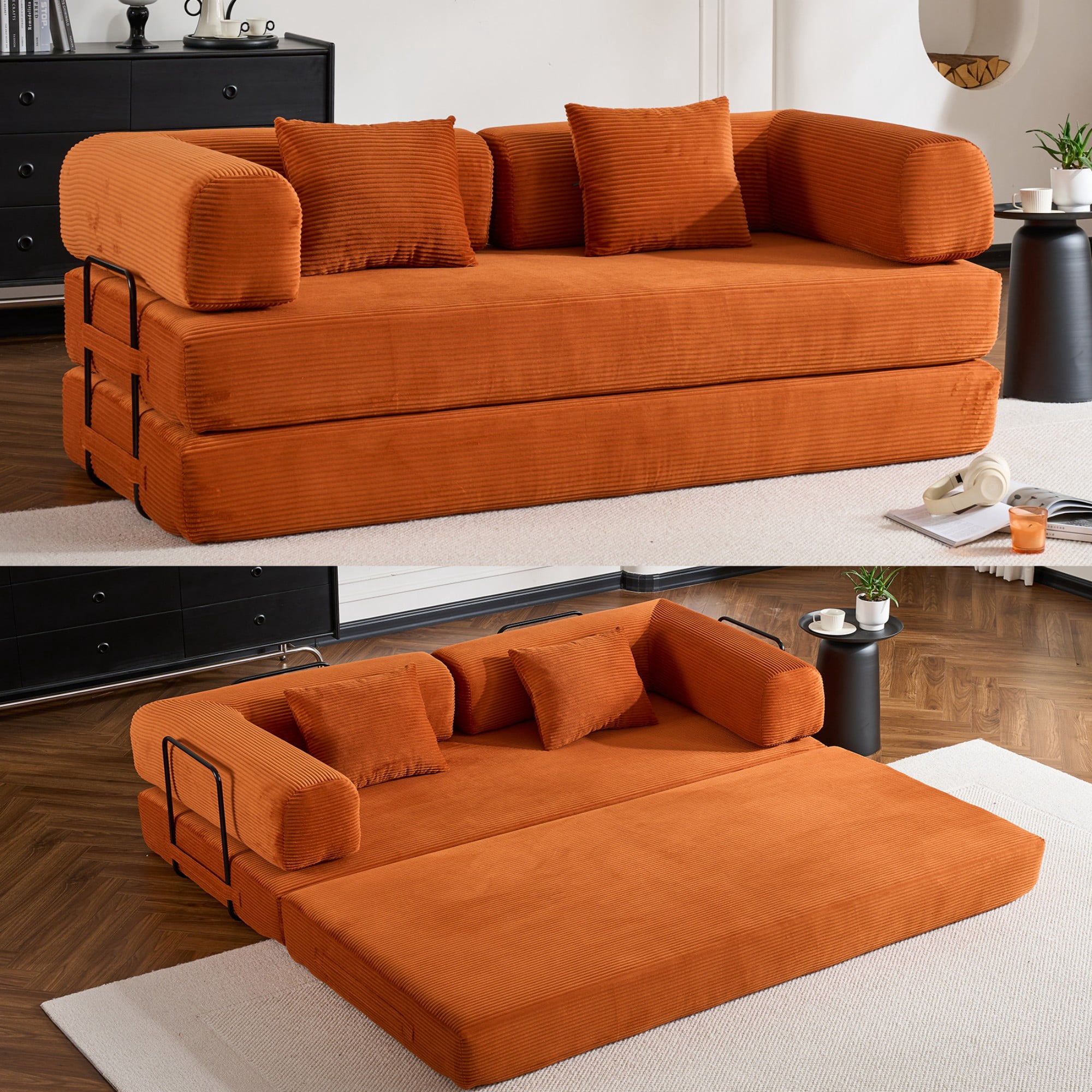 BSHTI 77" Corduroy Convertible Sleeper Sofa Bed with Cylindrical Pillow, No Assembly, Small Space for Living Room（Orange）