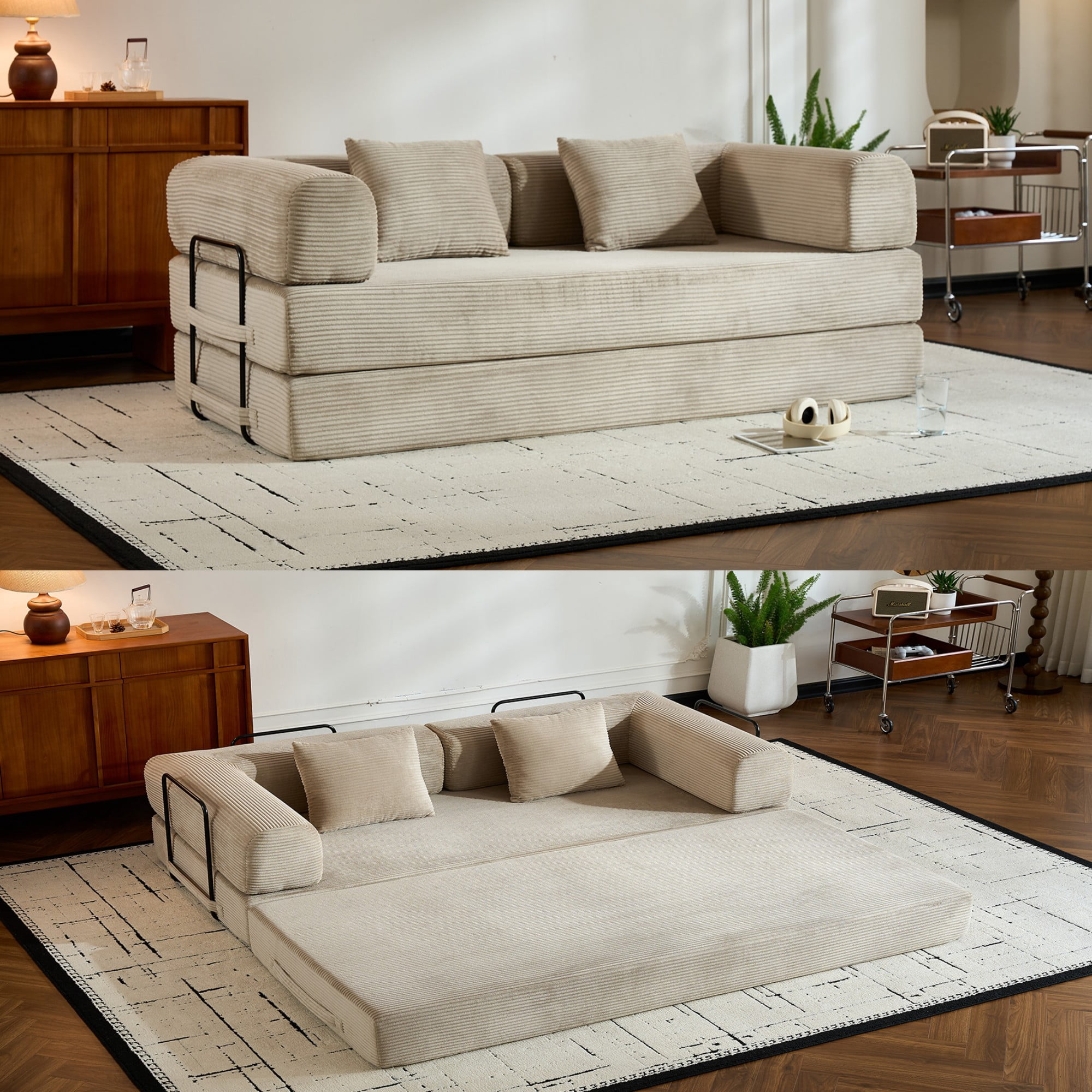 BSHTI 77" Corduroy Convertible Sleeper Sofa Bed with Cylindrical Pillow, No Assembly, Small Space for Living Room（Beige）