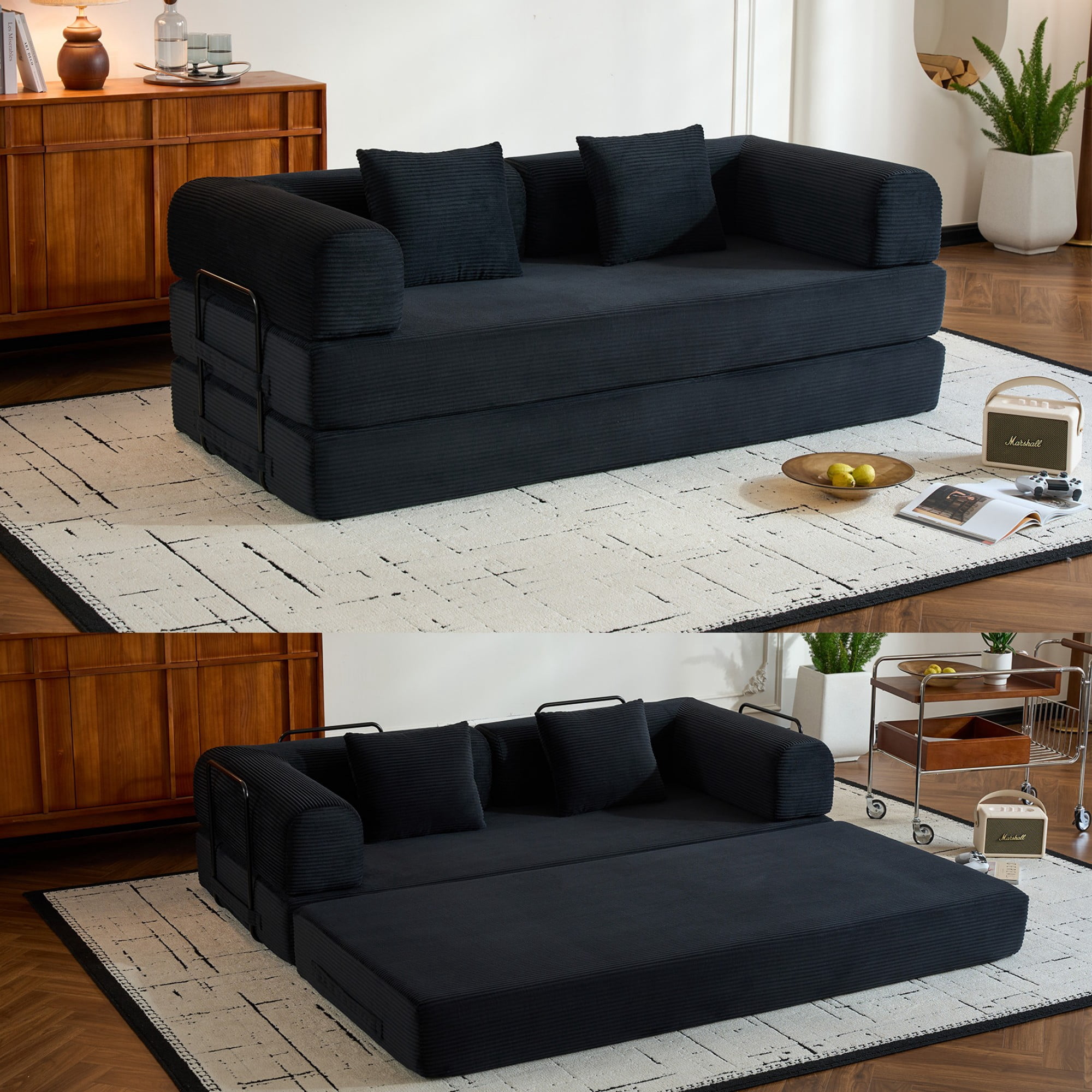 BSHTI 77" Corduroy Convertible Sleeper Sofa Bed with Cylindrical Pillow, No Assembly, Small Space for Living Room（Black）