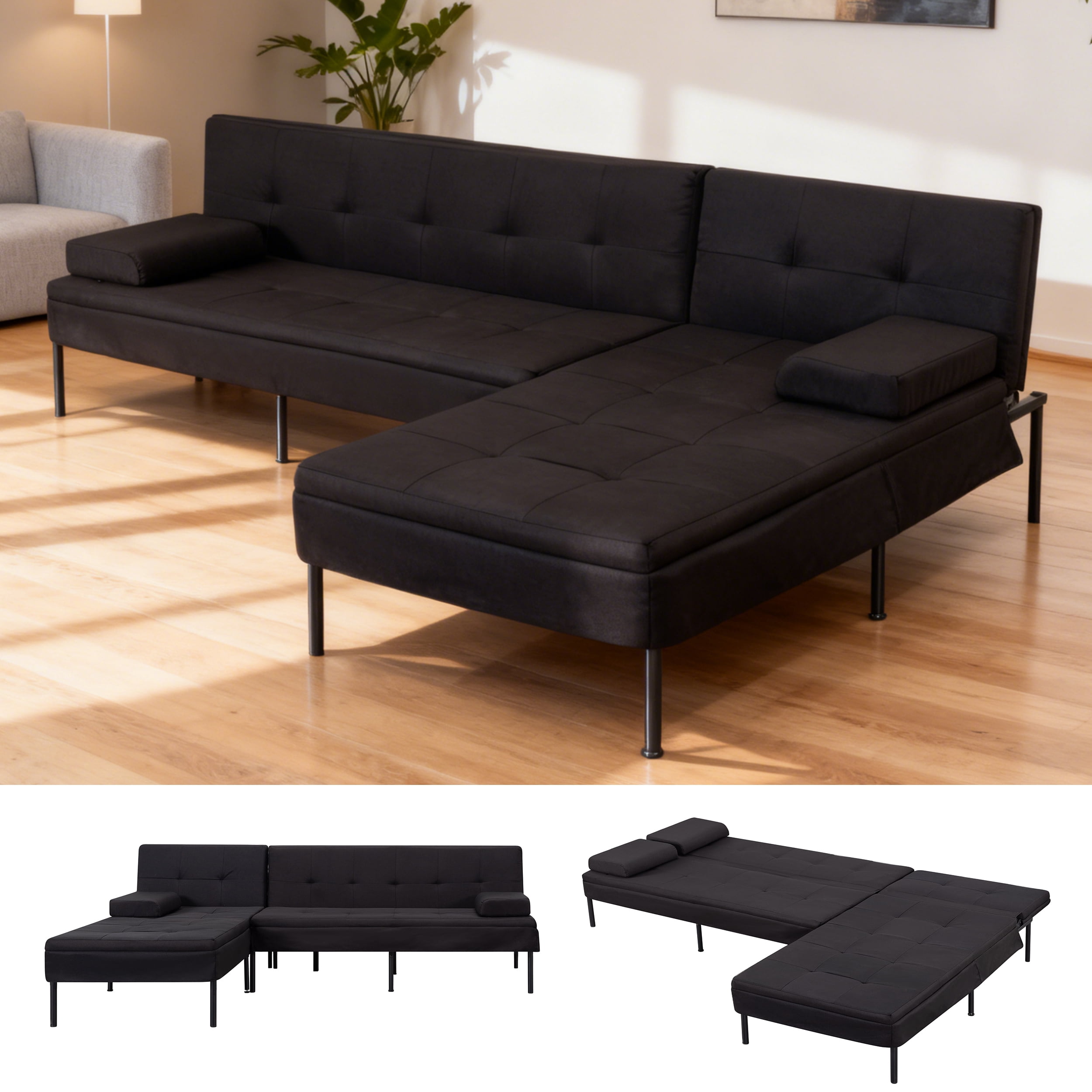 BSHTI 78.7" Polyester L-Shaped Convertible Sofa Bed with Reversible Chaise, 5-Position Backrest, Iron Frame for Living Room(Black)