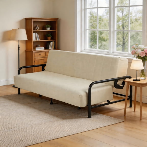 BSHTI 78" Linen Futon Sofa Bed – Convertible Couch with Adjustable Backrest, Soft Breathable Fabric, Metal Frame, Space-Saving for Apartment Living Room Small Space,Beige
