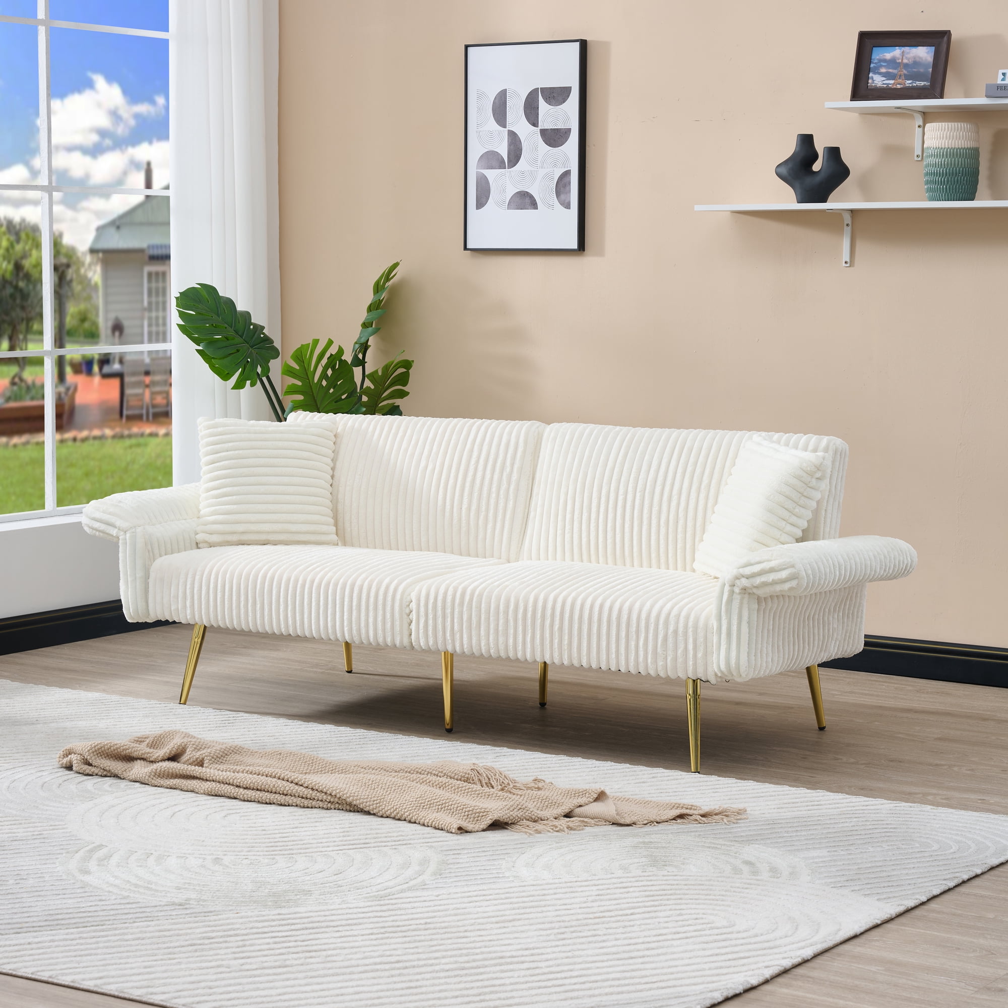 BSHTI 79 inch Corduroy Sofa Bed, Foldable Double Sofa Couch with Folding Armrests, Modern Sofa Couch Suitable for living rooms and small spaces