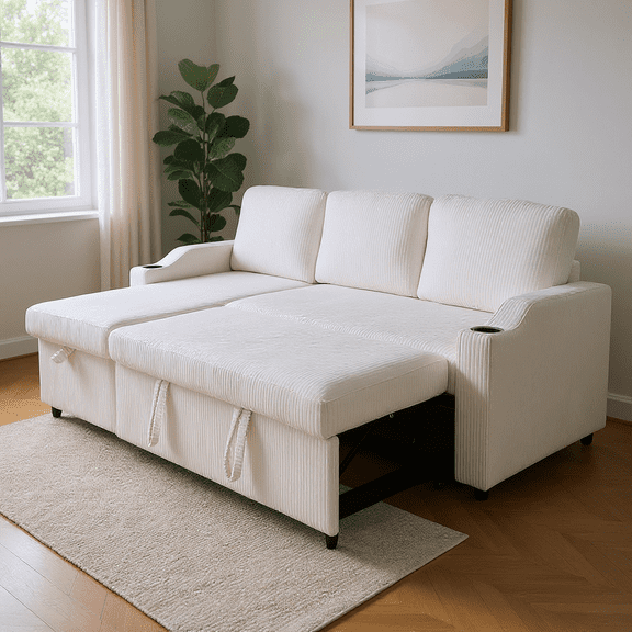 BSHTI 81.89 ” L-Shaped Sectional Sofa Bed, Solid Wood Frame, Corduroy Fabric Cover, 2 In 1 Pull-Out Sleeper Bed Sofa, Hidden Storage Space, Beige