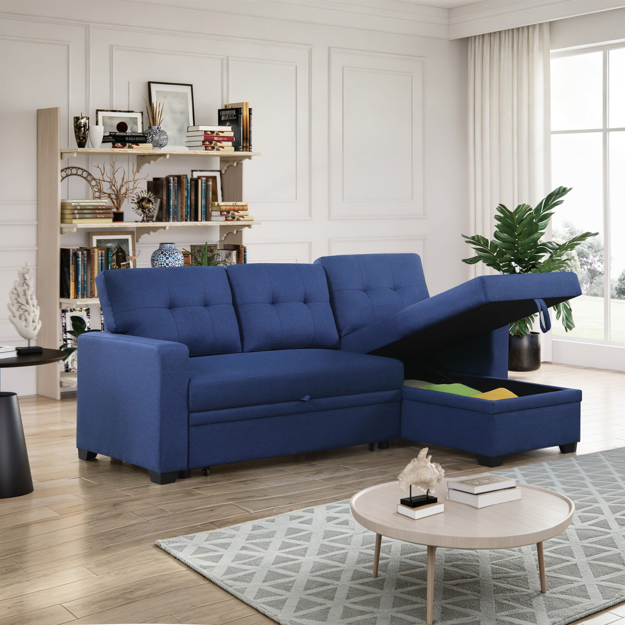 BSHTI 82" 3-Seat Linen Pull Out Sectional Sleeper Sofa with Storage Chaise, Removable Back Cushions for Living Room（Blue）