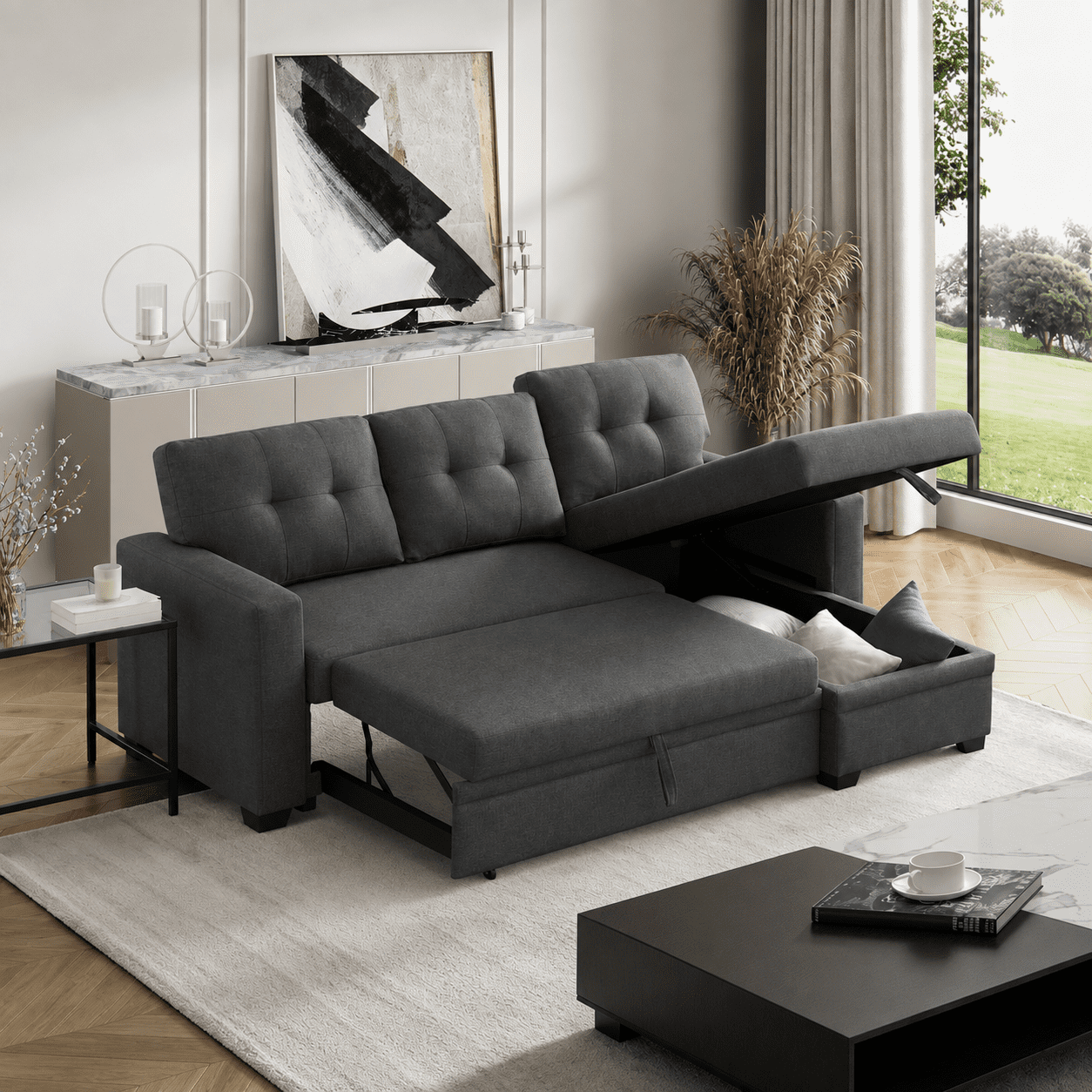 BSHTI 82" 3-Seat Linen Pull Out Sectional Sleeper Sofa with Storage Chaise, Removable Back Cushions for Living Room（Dark Gray）