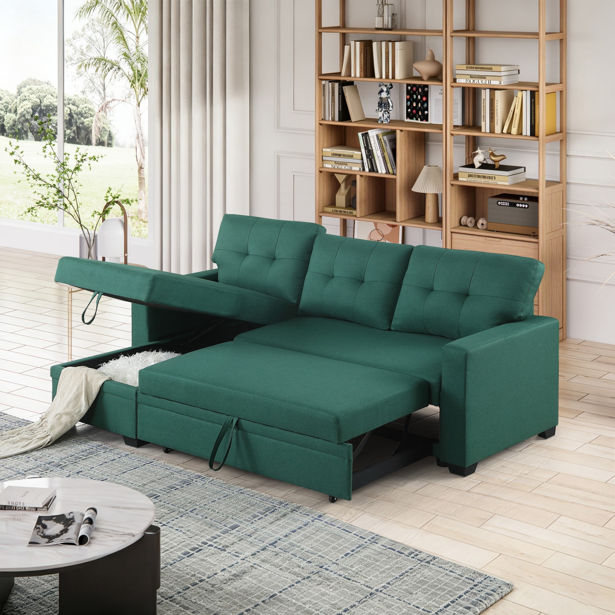 BSHTI 82" 3-Seat Linen Pull Out Sectional Sleeper Sofa with Storage Chaise, Removable Back Cushions for Living Room（Green）