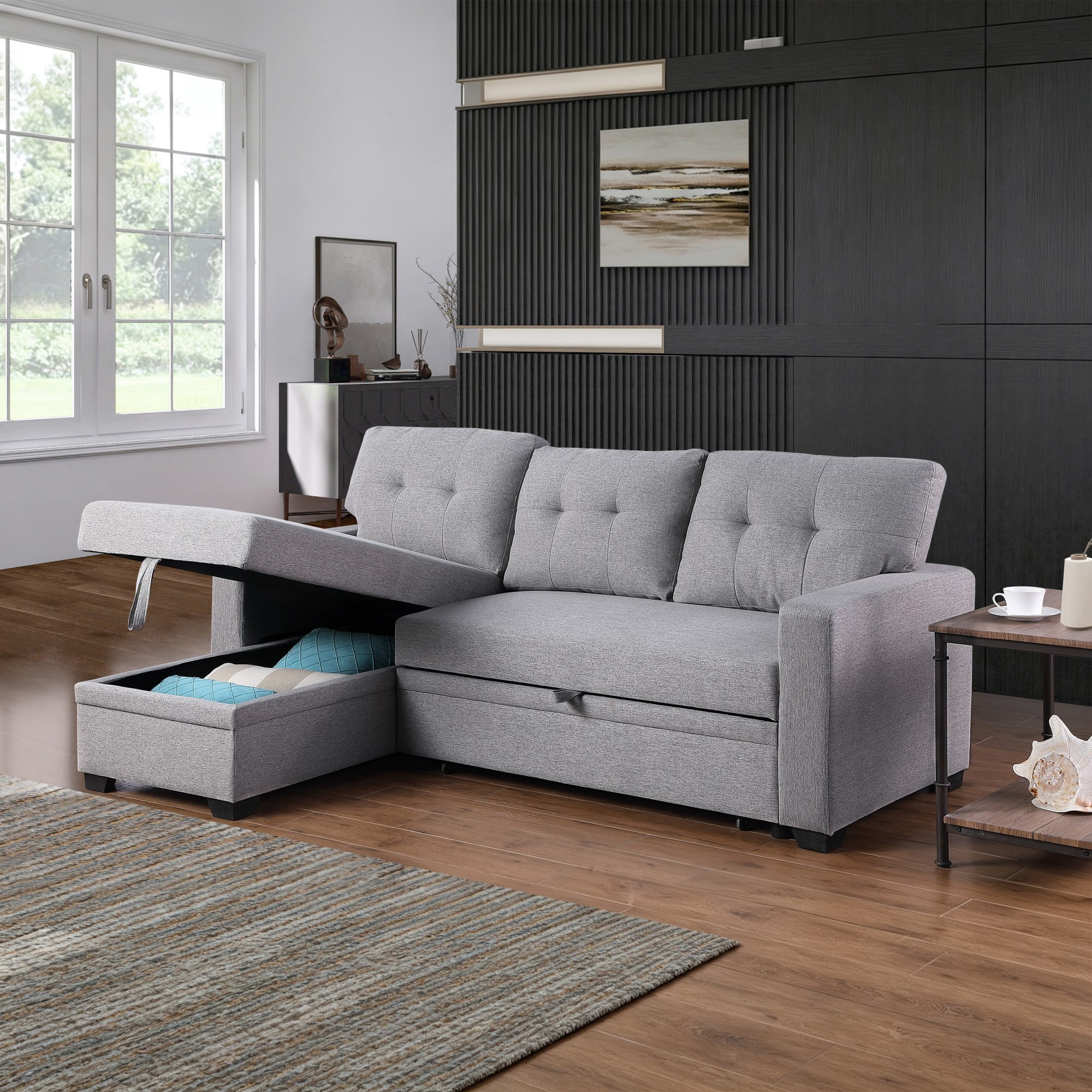 BSHTI 82" 3-Seat Linen Pull Out Sectional Sleeper Sofa with Storage Chaise, Removable Back Cushions for Living Room（Light Gray）