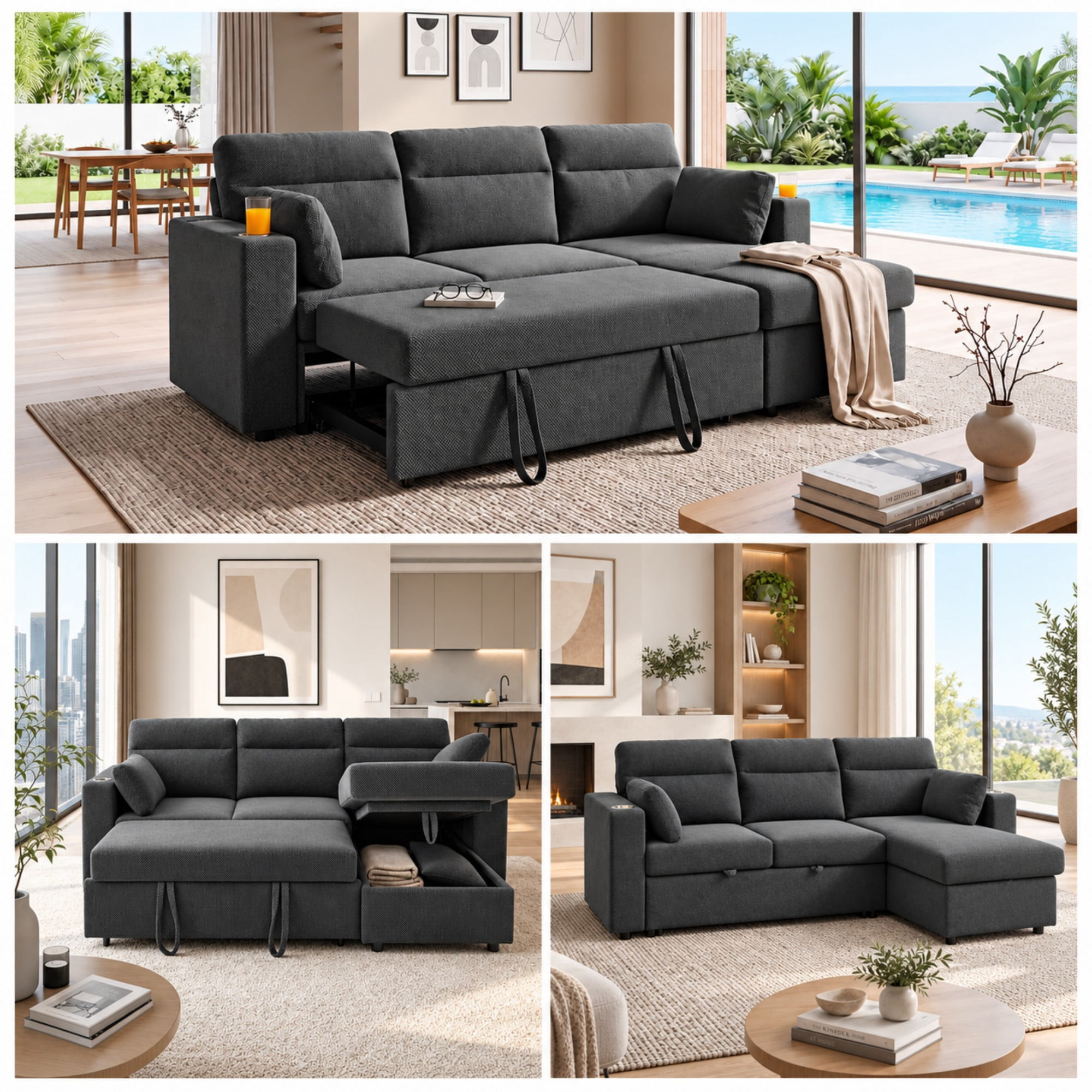 BSHTI 82.5" Foil Fabric L-Shaped Pull-Out Sectional Sofa Bed with Storage Chaise, Cup Holders for Living Room(Dark Gray)