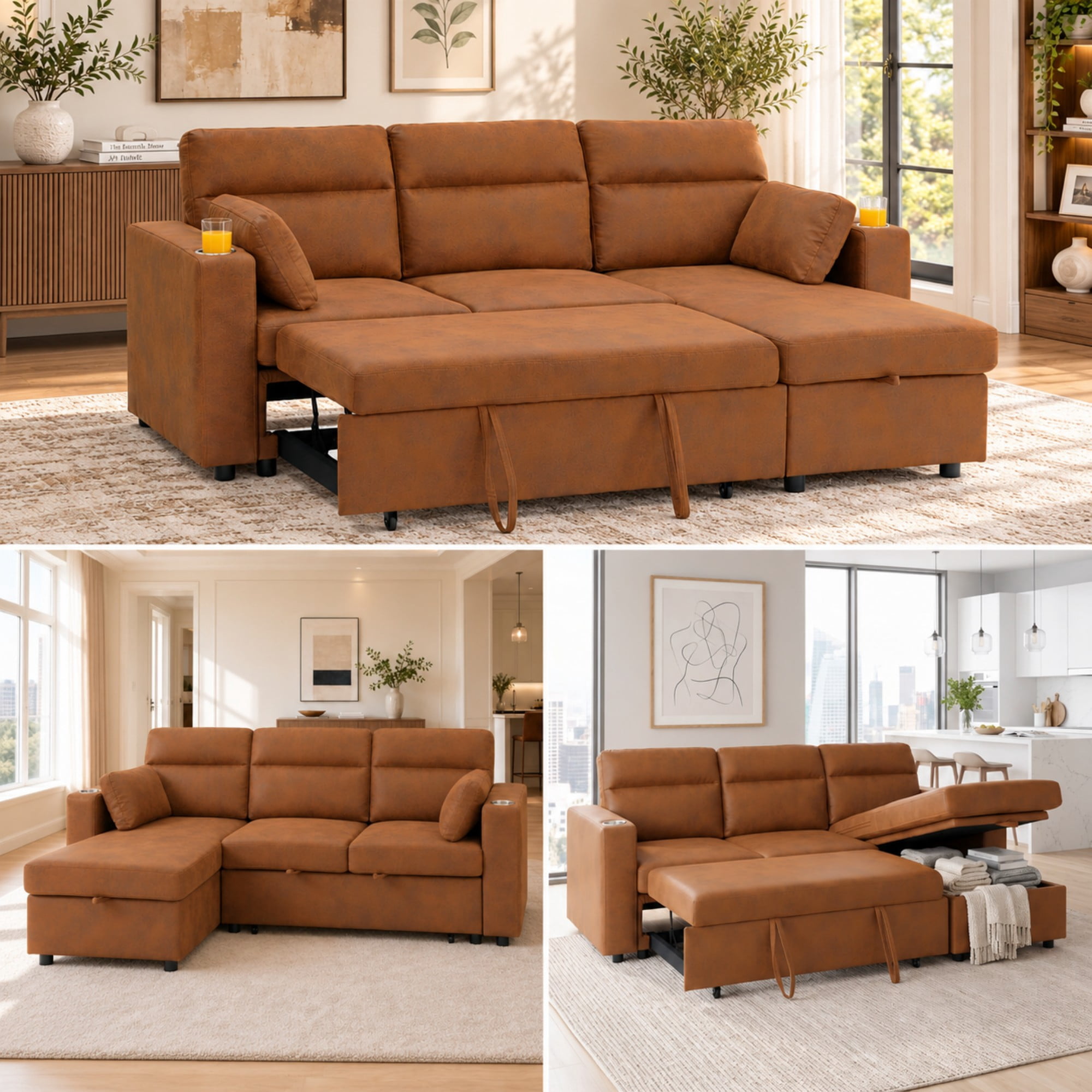 BSHTI 82.5" Polyester L-Shaped Pull-Out Sectional Sofa Bed with Storage Chaise, Cup Holders for Living Room(Light Brown)