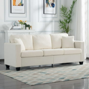 BSHTI 86.5 inch Modern Style Teddy Fabric Sofa with 2 Pillows,Featuring Extra-Wide Deep Sofa,Suitable for Living Room,Bedroom,Office Beige