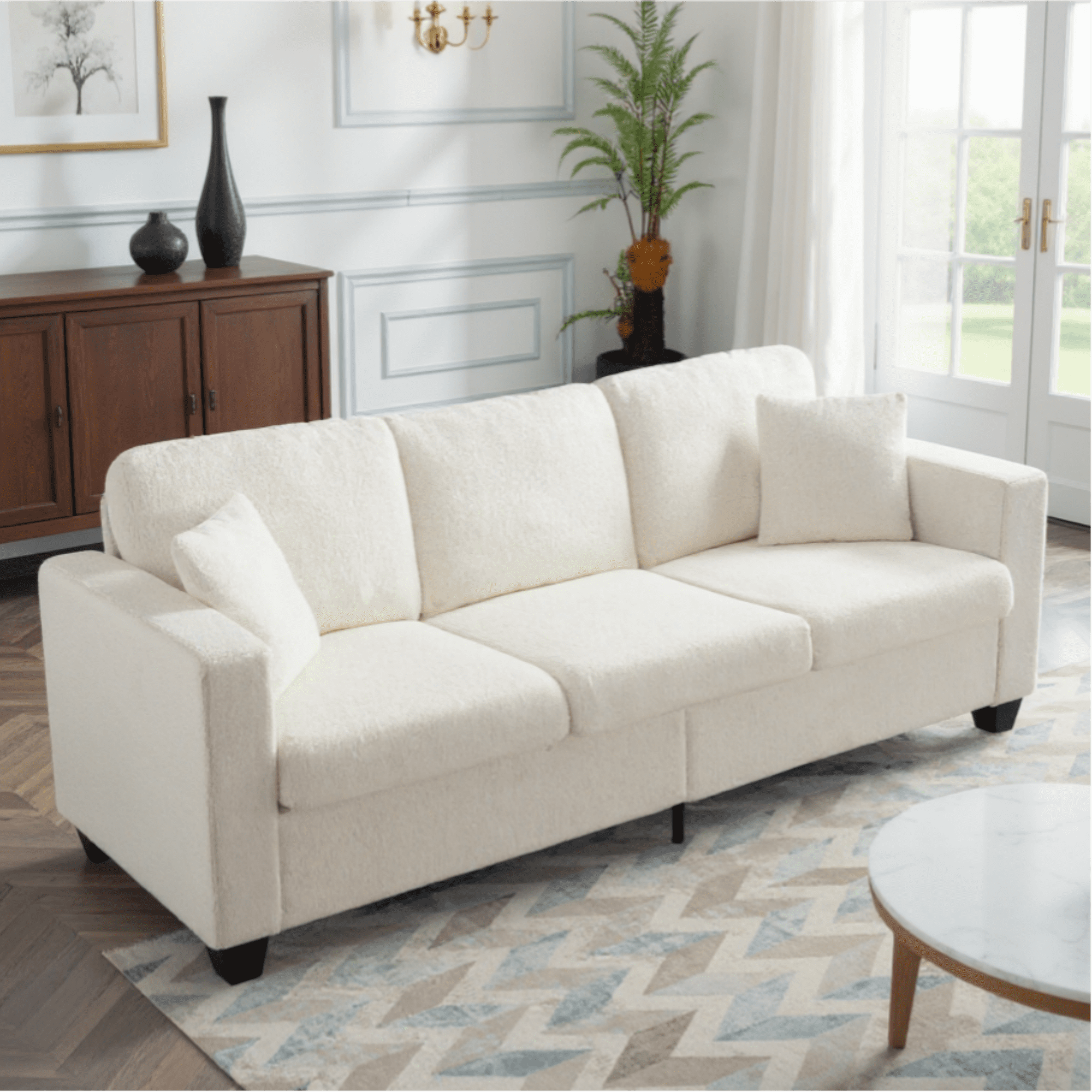 BSHTI 86.5 inch Modern Style Teddy Fabric Sofa with 2 Pillows,Featuring Extra-Wide Deep Sofa,Suitable for Living Room(Beige)