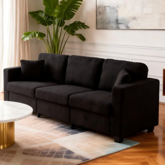 BSHTI 86.6” Machine Washable Sofa with 2 Pillows, Plush Teddy Fabric Couch, Easy Assembly Living Room Sofa, Black