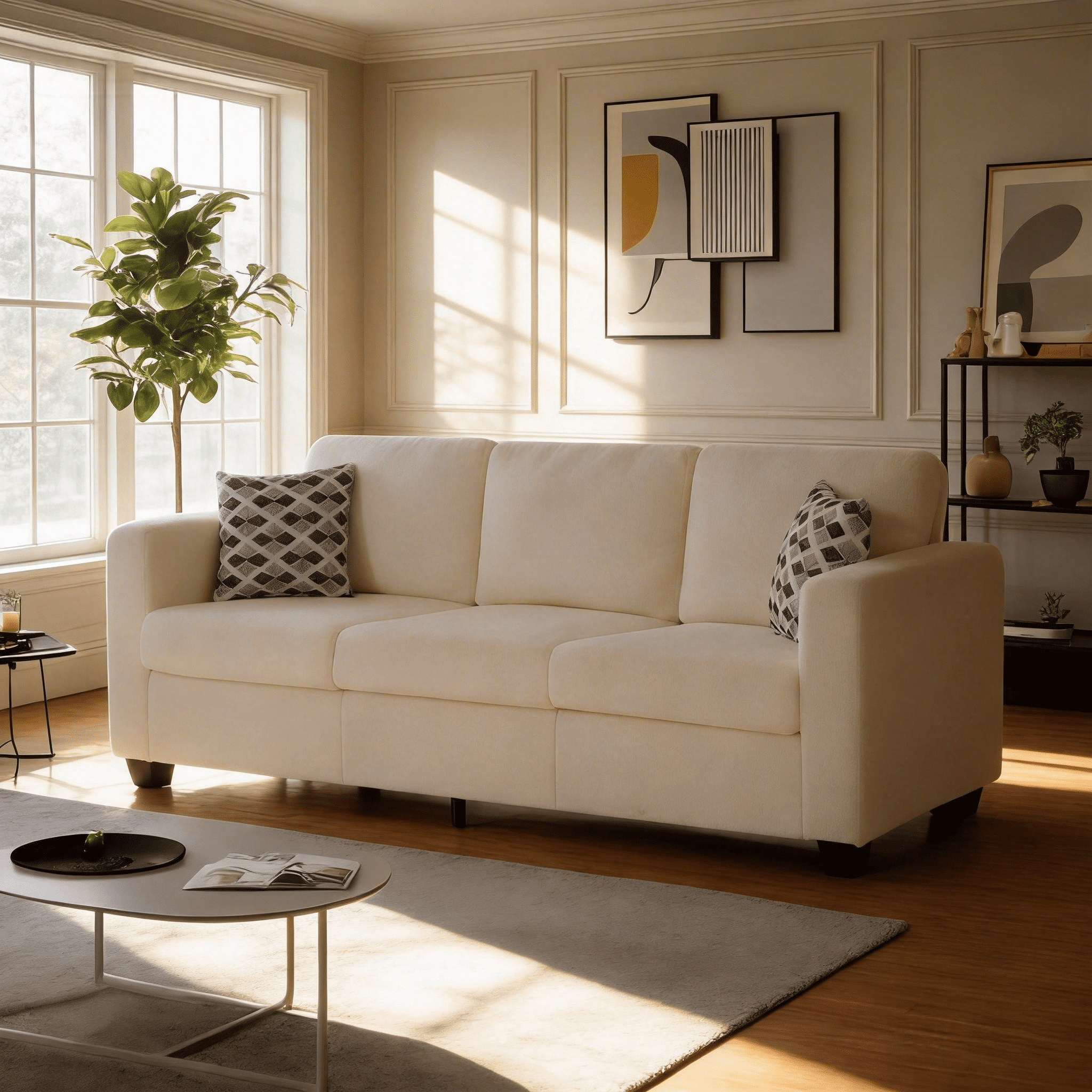 BSHTI 86.6" Teddy Fabric Sofa with 2 Pillows – Extra-Wide Deep Couch, Solid Wood & Iron Frame, Removable Washable Covers, for Living Room, Bedroom, Office, Beige