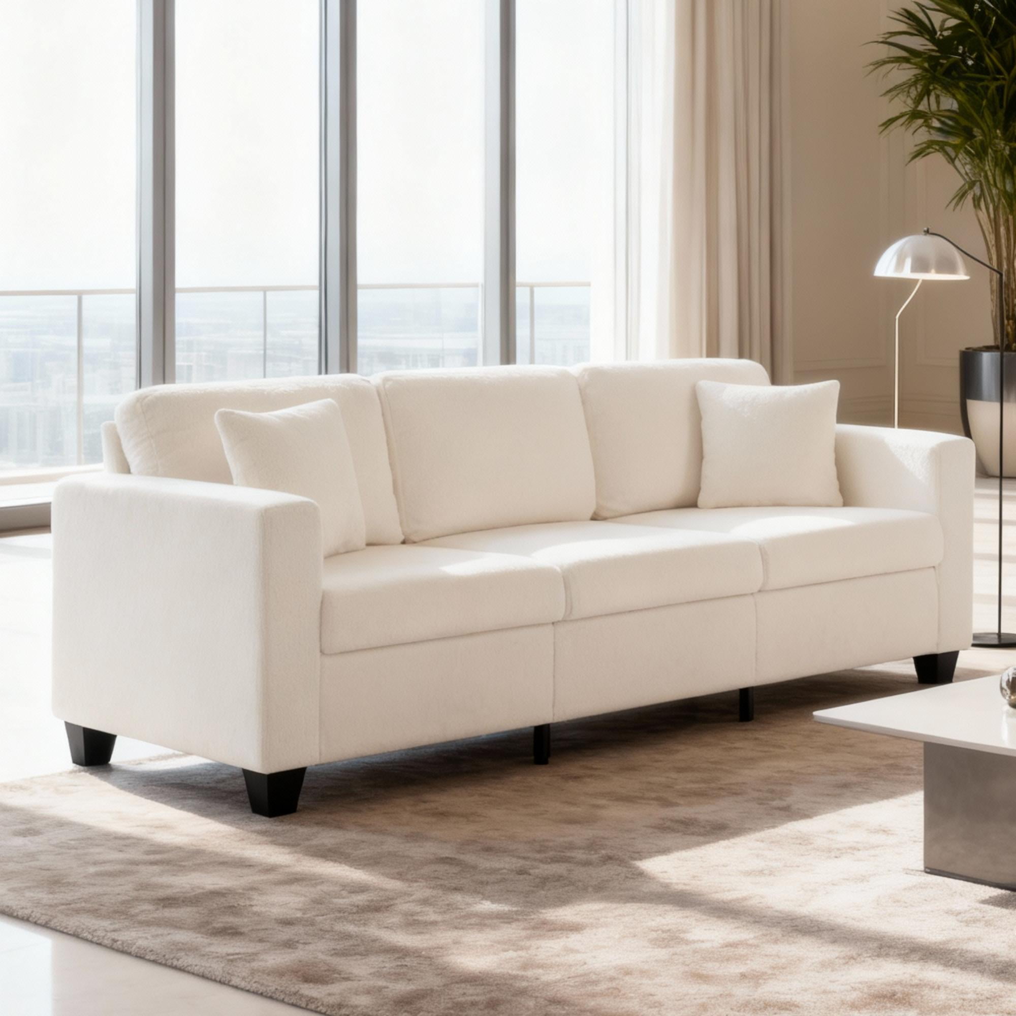 BSHTI 86.6 inch Modern Style Teddy Fabric Sofa with 2 Pillows,Featuring Extra-Wide Deep Sofa,Suitable for Living Room,Bedroom,Office Beige