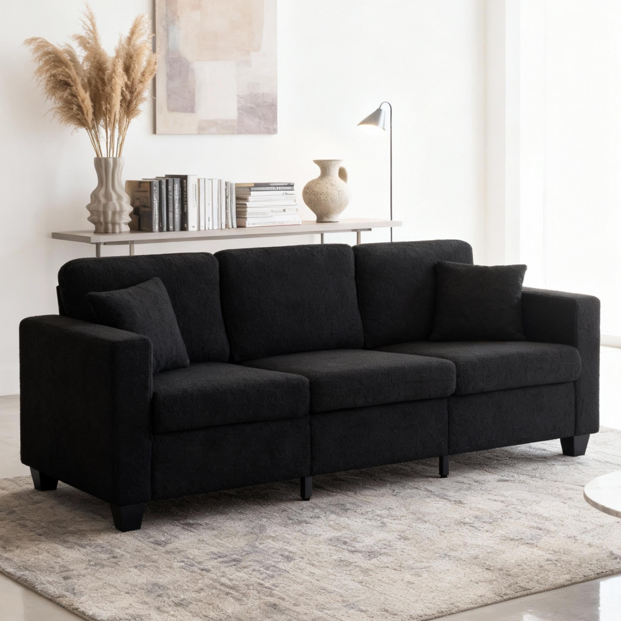 BSHTI 86.6 inch Modern Style Teddy Fabric Sofa with 2 Pillows,Featuring Extra-Wide Deep Sofa,Suitable for Living Room,Bedroom,Office Black