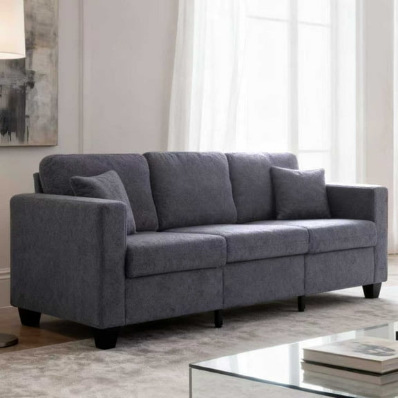 BSHTI 86.6 inch Modern Style Teddy Fabric Sofa with 2 Pillows,Featuring Extra-Wide Deep Sofa,Suitable for Living Room,Bedroom,Office Dark Gray