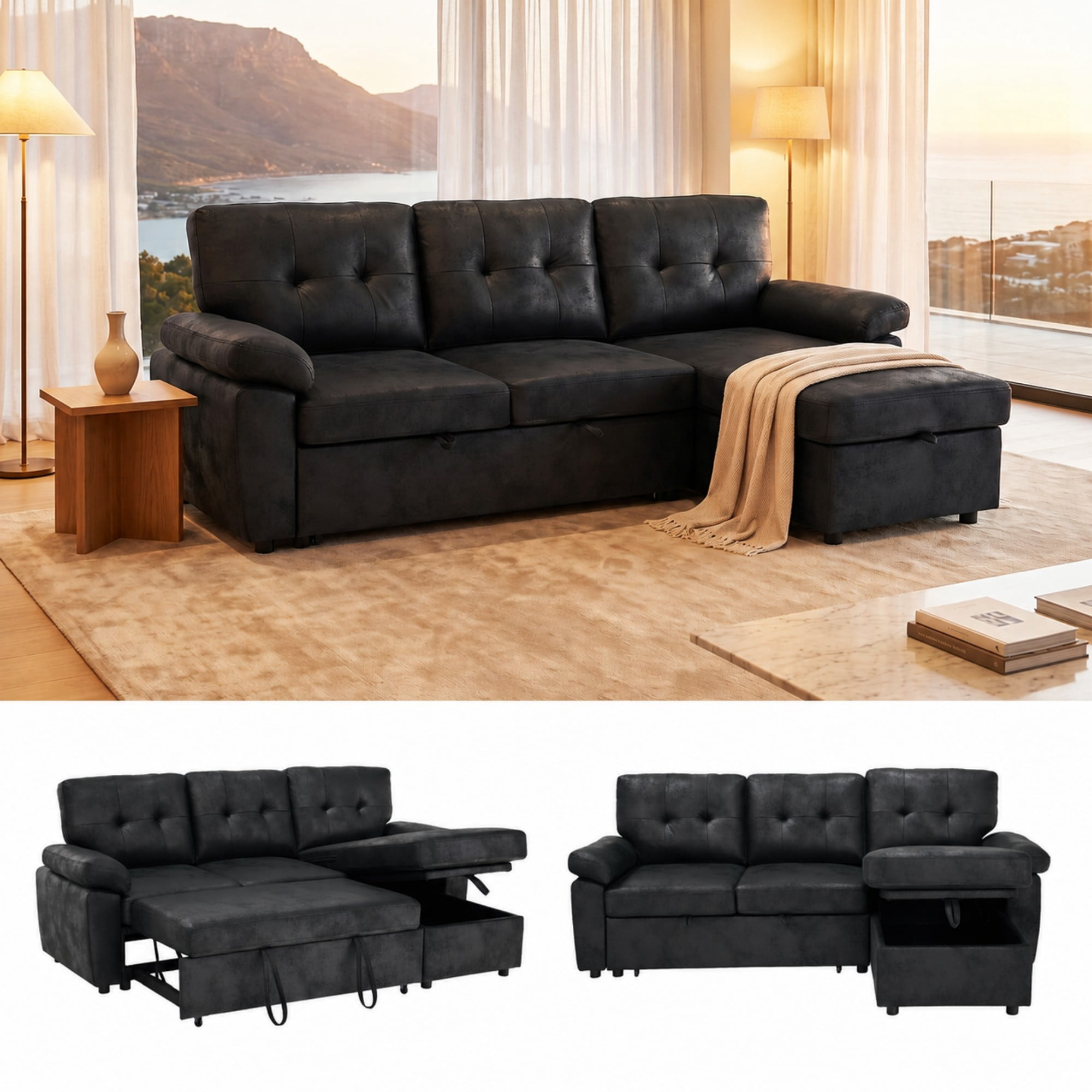 BSHTI 88.5" Polyester Fabric L-Shaped Sectional Sleeper Sofa Bed with Pull-Out Bed, Storage Chaise for Living Room( Light Brown)