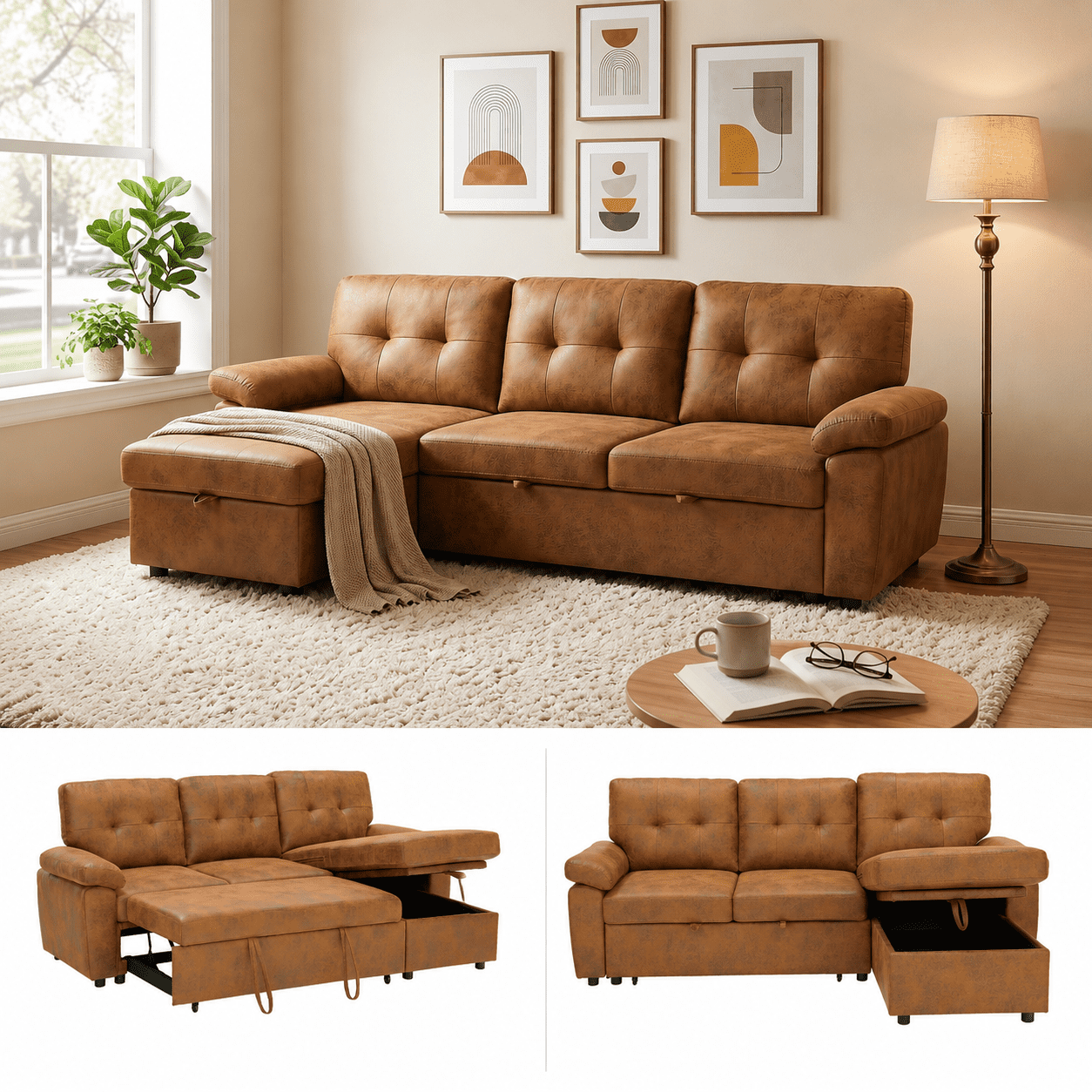 BSHTI 88.5" Polyester Fabric L-Shaped Sectional Sleeper Sofa Bed with Pull-Out Bed, Storage Chaise for Living Room( Light Brown)