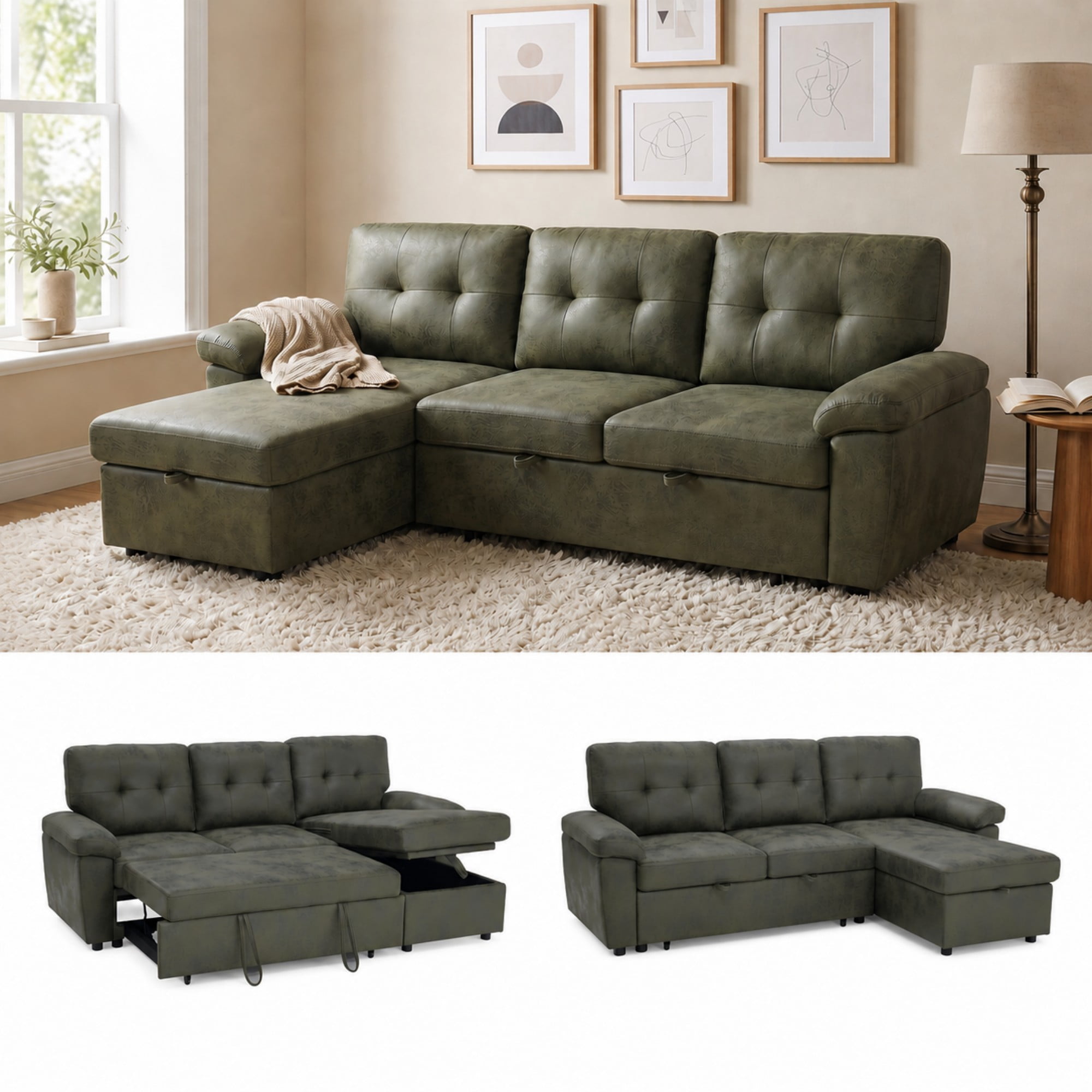 BSHTI 88.5" Polyester Fabric L-Shaped Sectional Sleeper Sofa Bed with Pull-Out Bed, Storage Chaise for Living Room( Light Brown)