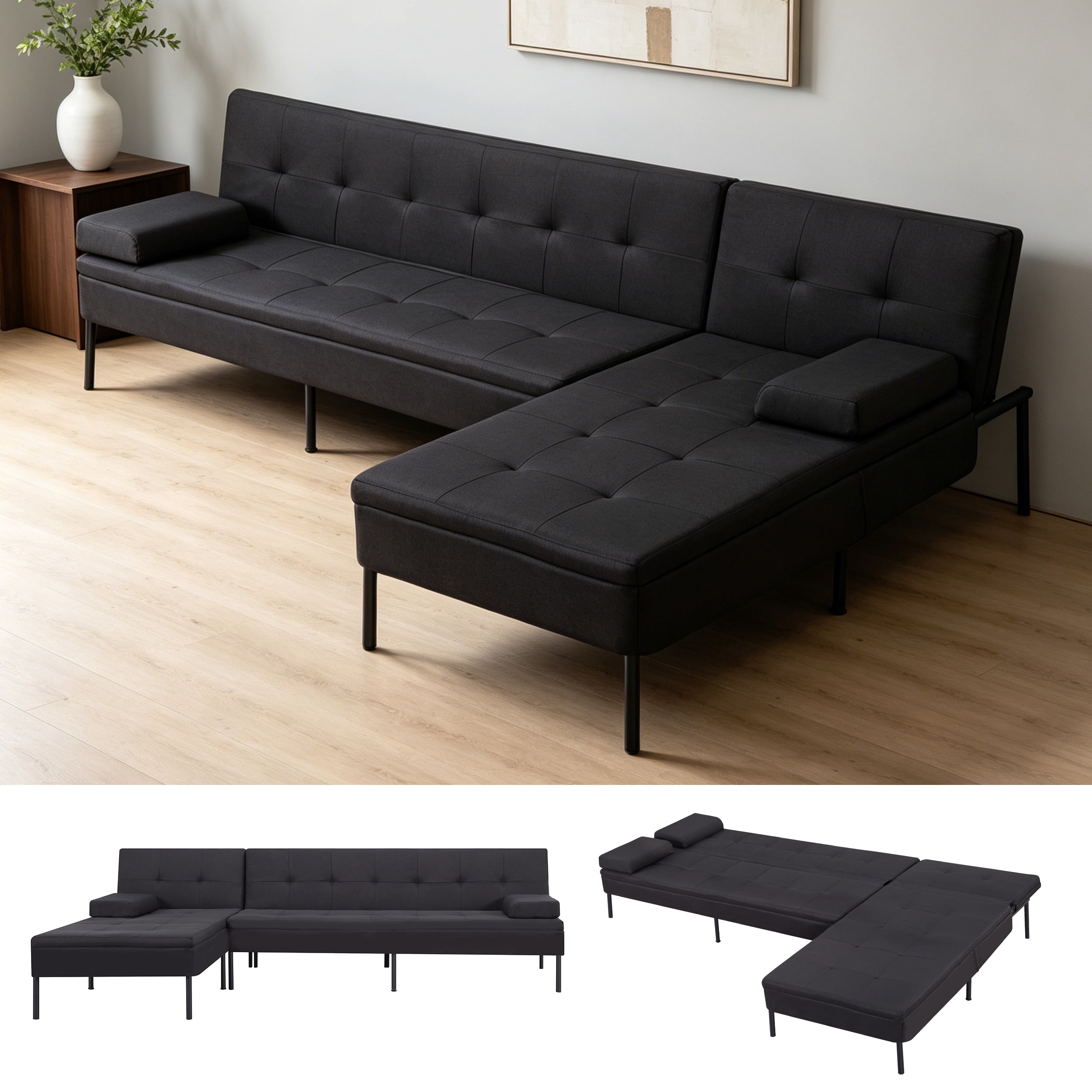 BSHTI 89.4" Convertible L-Shaped Sectional Sofa Bed with Reversible Chaise, 5-Position Adjustable Backrest, All-Iron Frame & 2 Armrest Cushions, Sectional Couches for Living Room