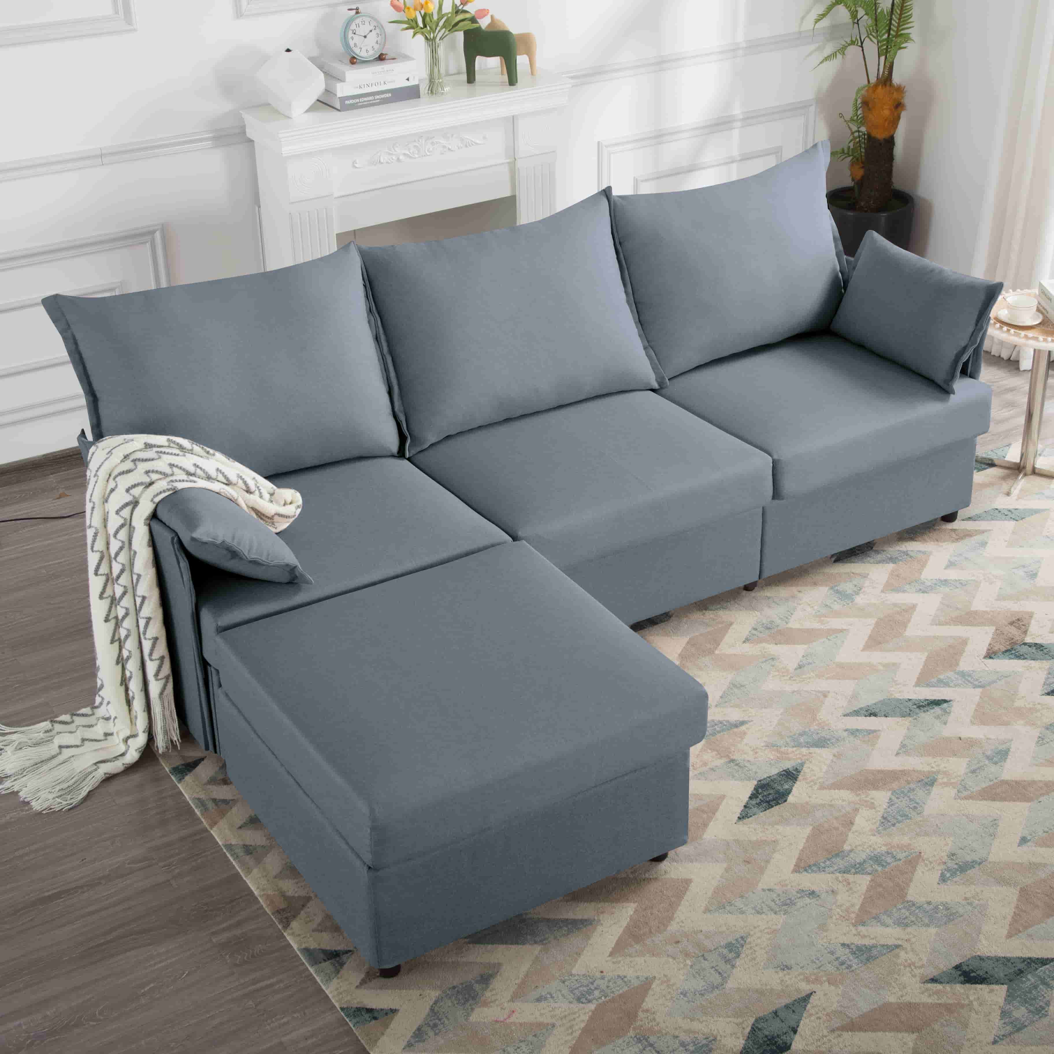 BSHTI 93.7” Modern Sectional Sofa With Ottoman,a Solid Wood and Iron Frame,Polyester Upholstery,Two Iincluded Armrest Pillows,Easy Cleaning,L-Shape Sofa Dark Gray