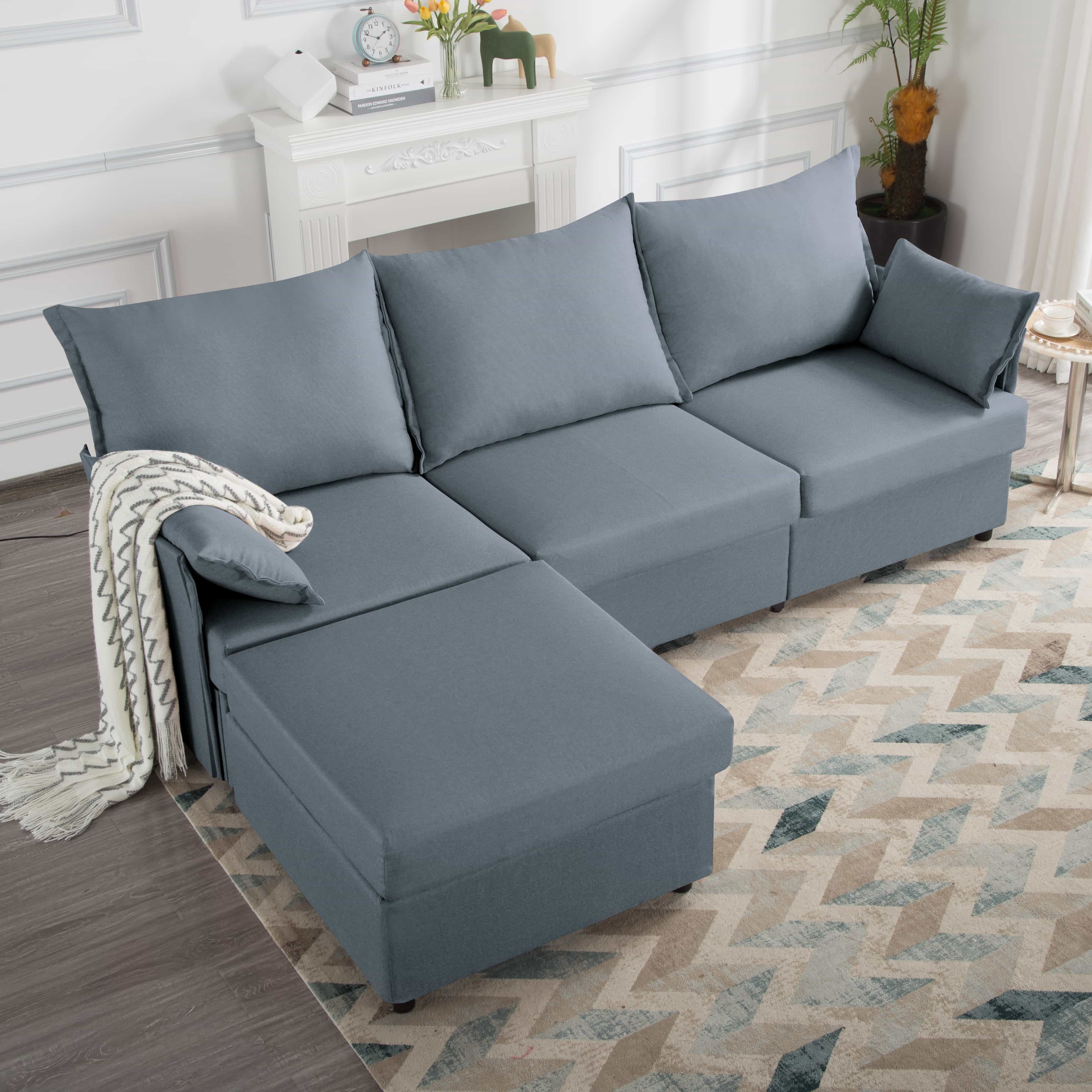BSHTI 93.7”Sectional Sofa with Ottoman,Polyester Upholstery,4-Seat Couch with Convertible Ottoman,L-Shape Indoor Sofa for Living Room,Apartment,Dark Gray