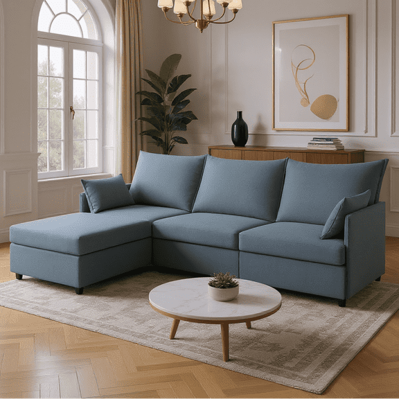 BSHTI 93.7” Sectional Sofa with Ottoman, Polyester Upholstery, 4 Seating, with Non-Slip Pads on the Plastic Legs, Includes Two Armrest Pillows, Dark Gray