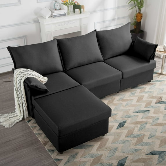 BSHTI 93.7”Sectional Sofa with Ottoman,Polyester Upholstery,4-Seat Couch with Convertible Ottoman,L-Shape Indoor Sofa for Living Room,Apartment,Black