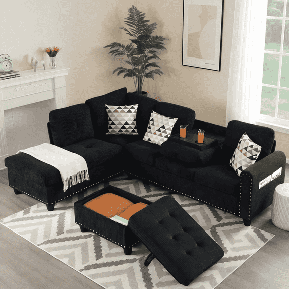 BSHTI 94.49”L-Shaped Modular Sectional Sofa, with Convenient Storage Ottoman, Corduroy Fabric, Drop-Down Middle Backrest with Two Built-In Cup Holders, Black