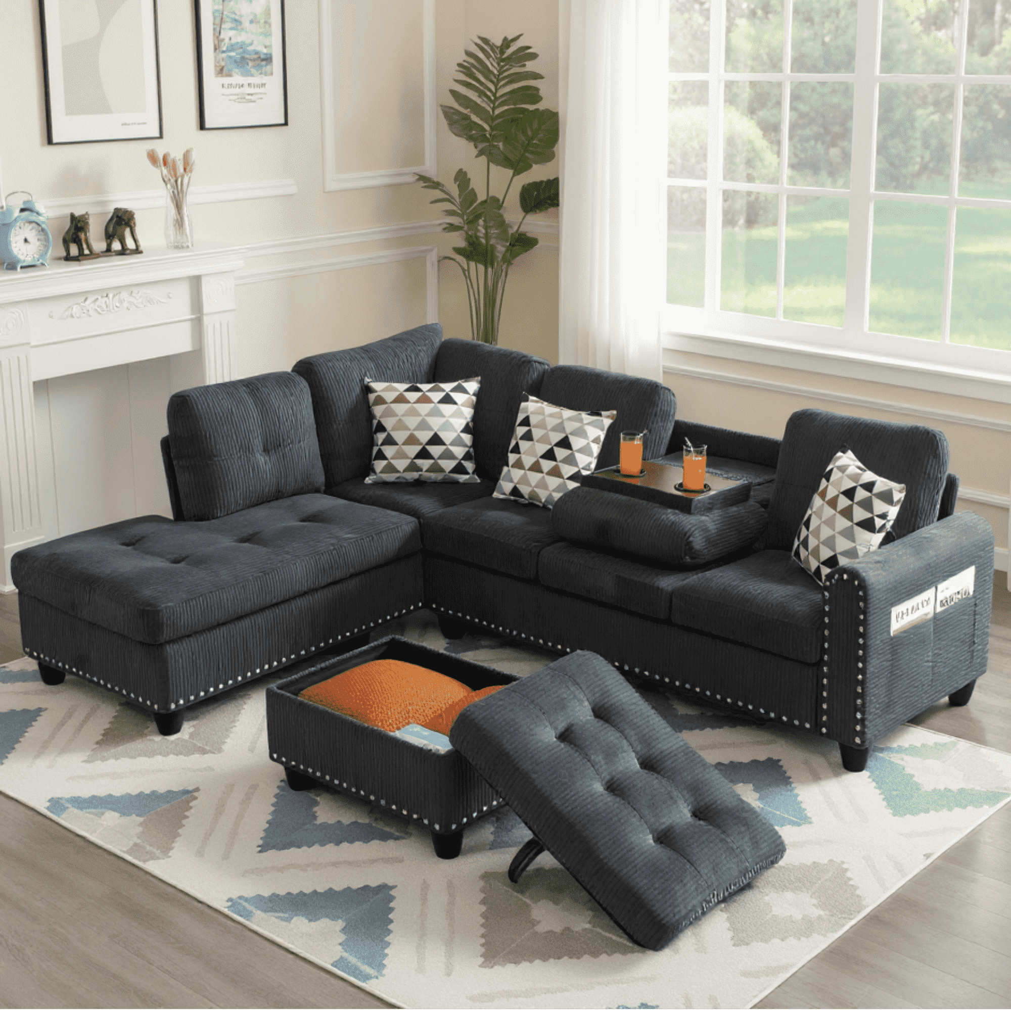 BSHTI 94.49”L-Shaped Modular Sectional Sofa, with Convenient Storage Ottoman, Corduroy Fabric, Drop-Down Middle Backrest with Two Built-In Cup Holders, Dark Gray