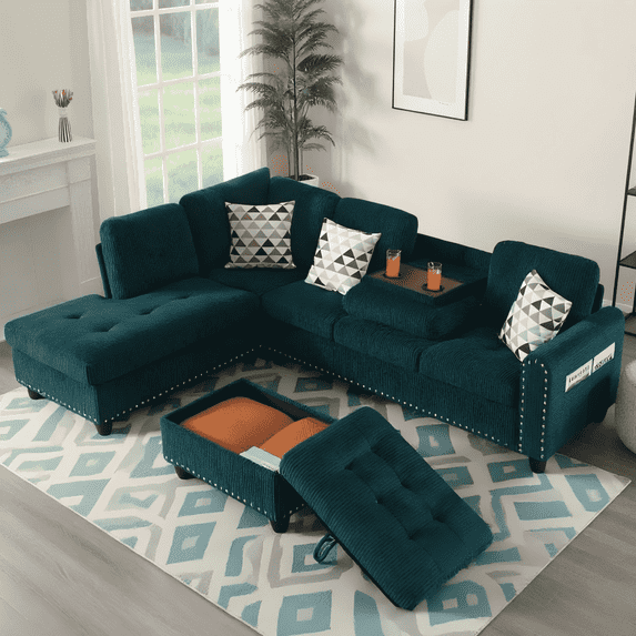 BSHTI 94.49”L-Shaped Modular Sectional Sofa, with Convenient Storage Ottoman, Corduroy Fabric, Drop-Down Middle Backrest with Two Built-In Cup Holders, Green