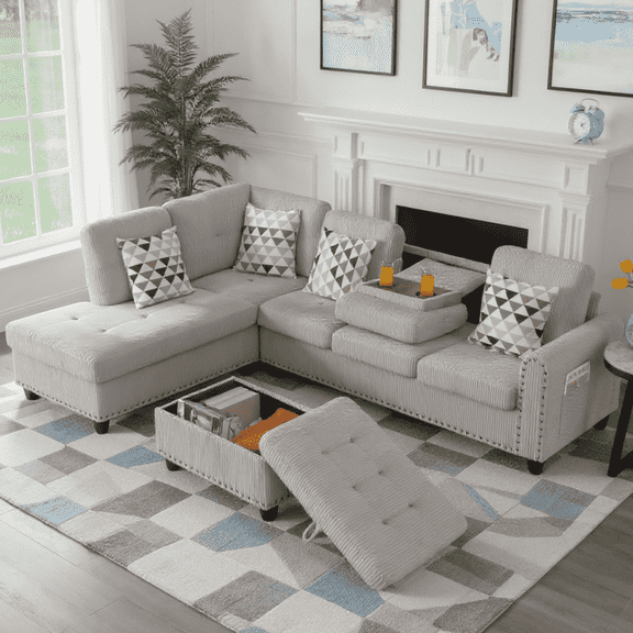 BSHTI 94.49”L-Shaped Modular Sectional Sofa, with Convenient Storage Ottoman, Corduroy Fabric, Drop-Down Middle Backrest with Two Built-In Cup Holders, Light Gray