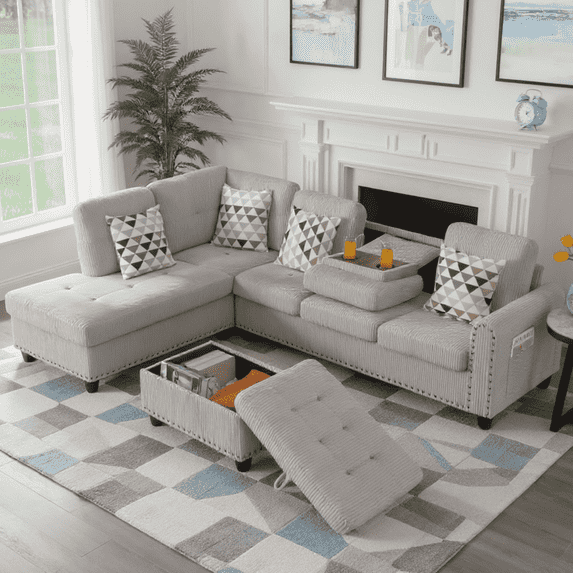 BSHTI 94.49”L-Shaped Modular Sectional Sofa, with Convenient Storage Ottoman, Corduroy Fabric, Drop-Down Middle Backrest with Two Built-In Cup Holders, Light Gray