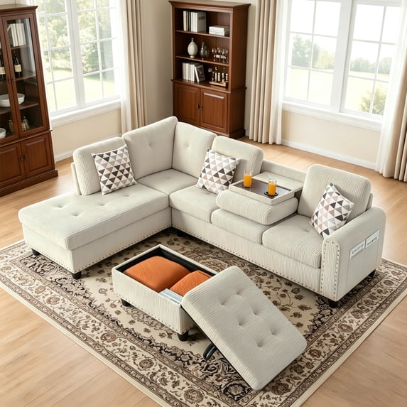 BSHTI 94.49" L-Shaped Modular Sectional Sofa with Storage Ottoman & Cup Holders – Corduroy Upholstery, Tufted Seat, Nail-Head Trim, Solid Wood & Iron Frame, 5 Colors