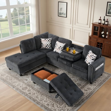 BSHTI 94.49" L-Shaped Modular Sectional Sofa with Storage Ottoman & Cup Holders – Corduroy Upholstery, Tufted Seat, Nail-Head Trim, Solid Wood & Iron Frame, 5 Colors