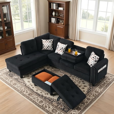 BSHTI 94.49" L-Shaped Modular Sectional Sofa with Storage Ottoman & Cup Holders – Corduroy Upholstery, Tufted Seat, Nail-Head Trim, Solid Wood & Iron Frame, 5 Colors