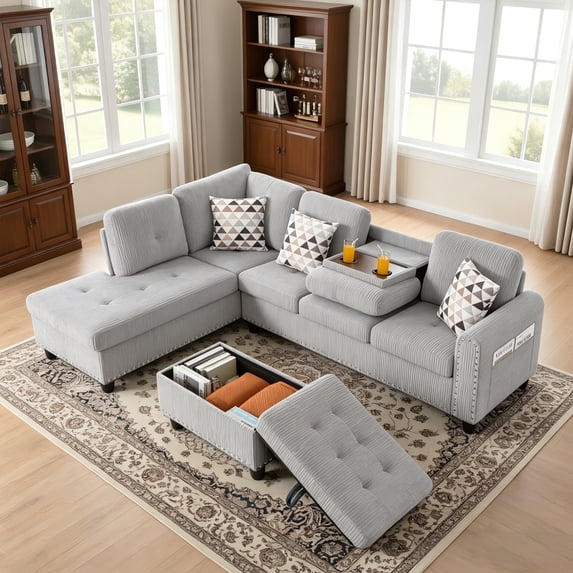 BSHTI 94.49" L-Shaped Modular Sectional Sofa with Storage Ottoman & Cup Holders – Corduroy Upholstery, Tufted Seat, Nail-Head Trim, Solid Wood & Iron Frame, 5 Colors