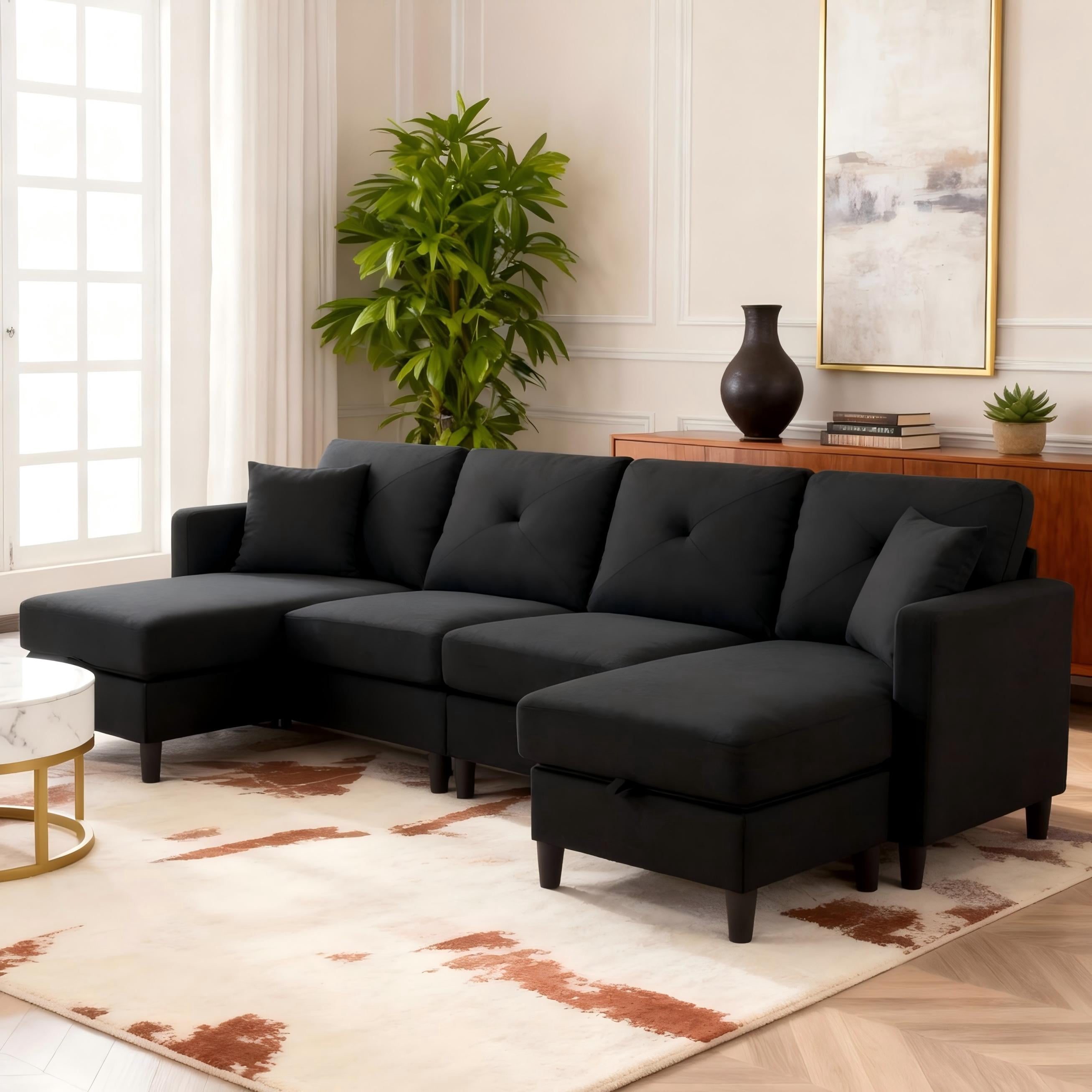 BSHTI 99.2” U-Shaped Modular Sectional Sofa,4 Seating,Linen Upholstery,solid wood and iron combination of frame,Movable Ottomans with storage space,Black