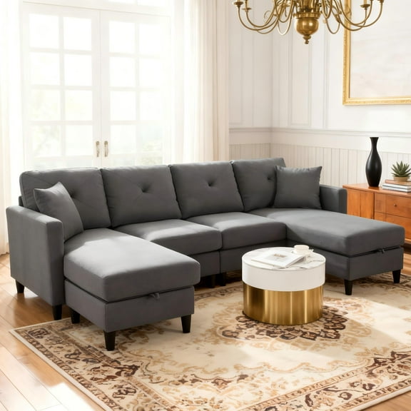 BSHTI 99.2” U-Shaped Modular Sectional Sofa,4 Seating,Linen Upholstery,solid wood and iron combination of frame,Movable Ottomans with storage space,Dark Gray