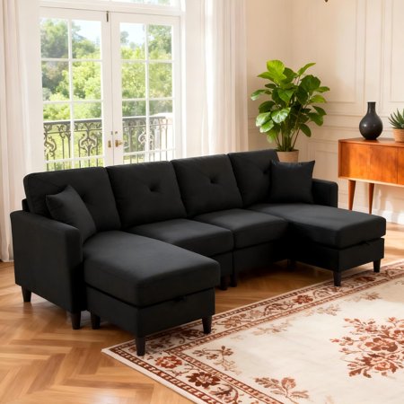 BSHTI 99.2” Black Linen U Shaped Couch with Storage Chaise for Living Room, U-Shaped Sectional Sofa with Ottoman, Backrest Sectional Couches and Sofas,Two-Box Delivery, Black