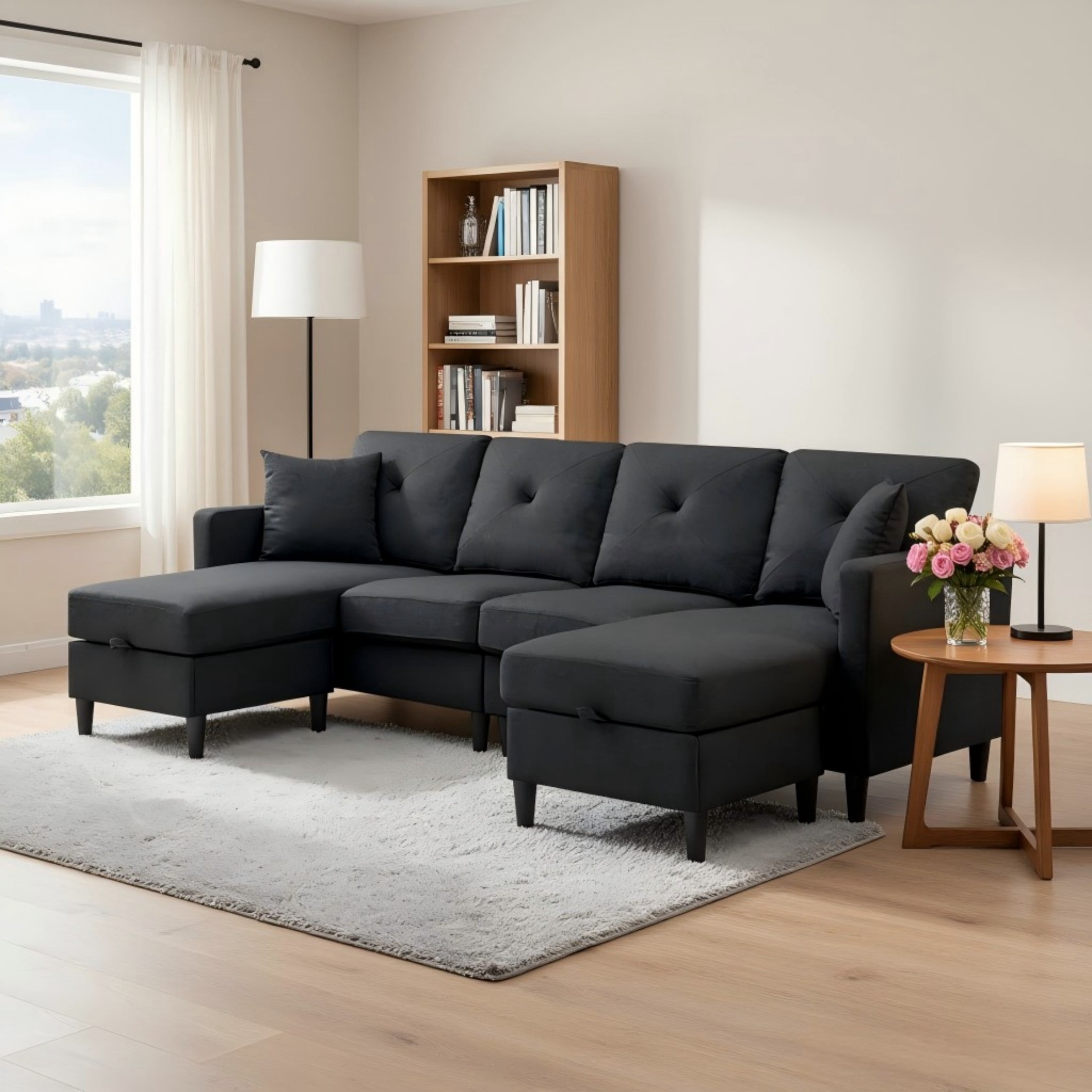 BSHTI 99.2" U-Shaped Modular Sectional Sofa with Storage Ottomans – U-Shaped Sectional Sofa with Ottoman,Backrest Sectional Couches and Sofas, Includes Toss Pillows, Black