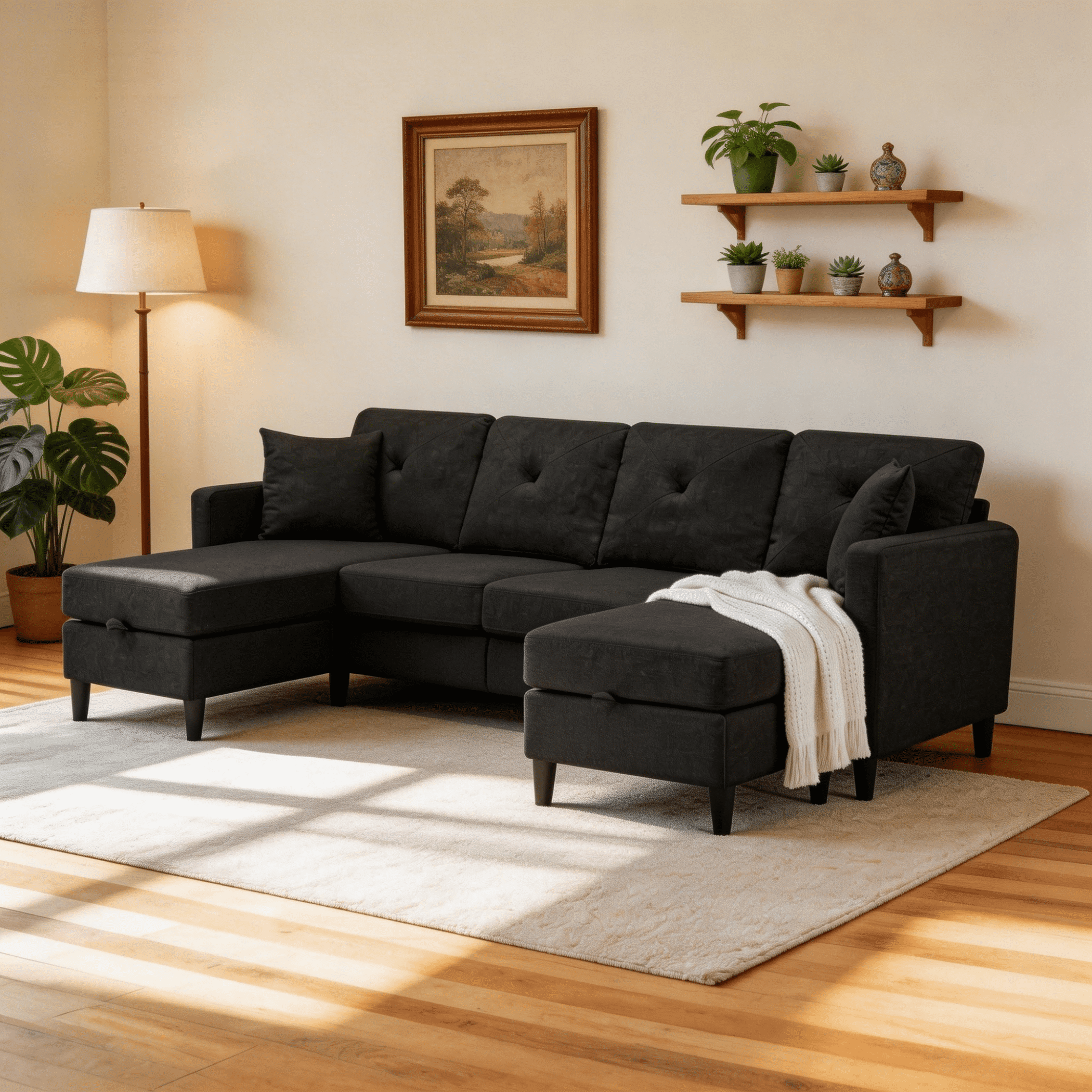 BSHTI 99.2" U-Shaped Modular Sectional Sofa with Storage Ottomans, Solid Wood & Iron Frame, Removable Cushion Covers, Black