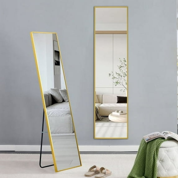BSHTI Aluminium alloy Metal Frame Wall Mounted Full Body Mirror ,Bathroom Vanity Mirror, Bedroom Home Porch, Decorative Mirror, Clothing Store, Floor Mounted Large Mirror,.Golden 63"*20"