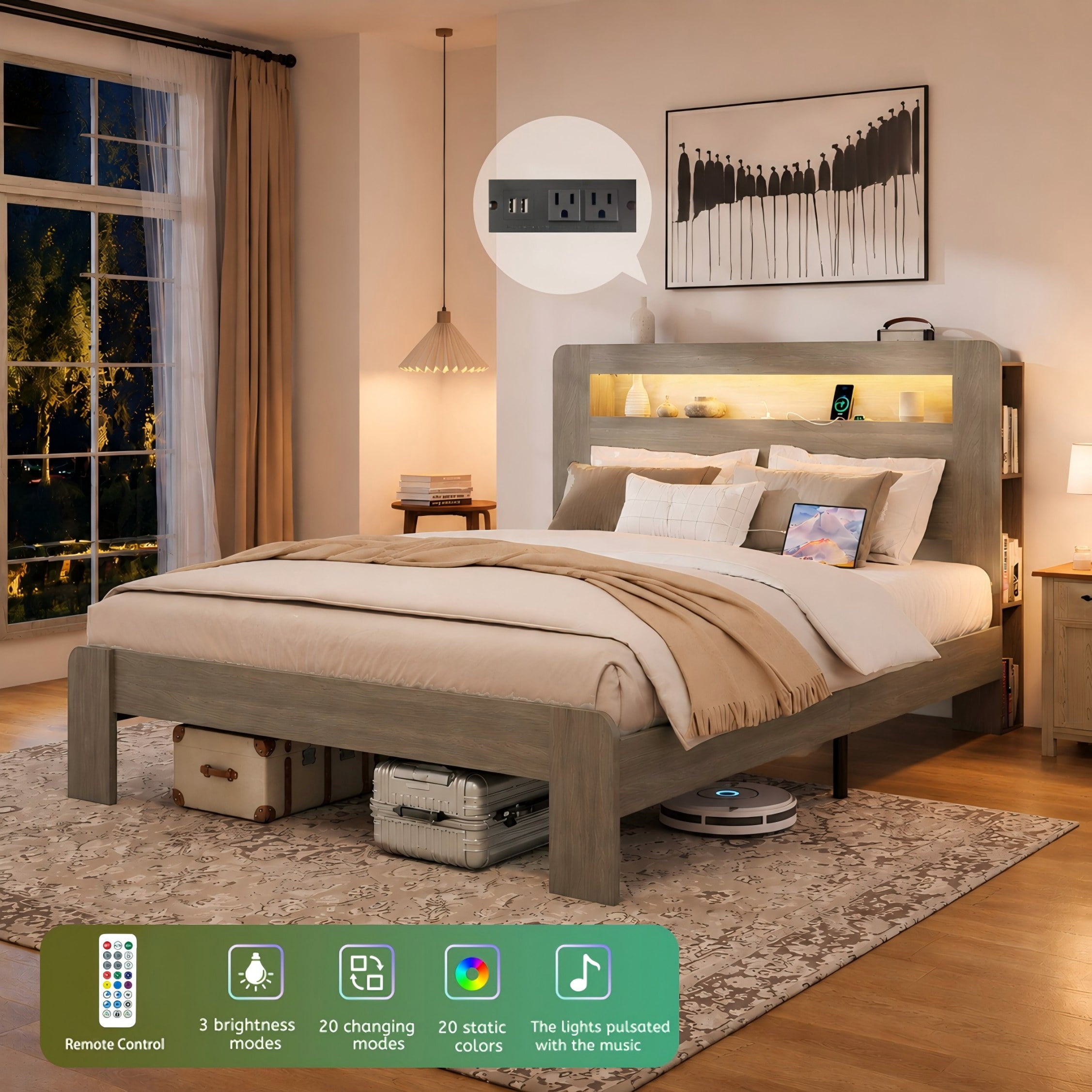 BSHTI Bed Frame with 2-Tier Storage Headboard, Wood Platform Bed Frame with Built-in Charging Station & LED, Queen Size, Vintage Grey, Platform Wood Bed for Bedroom