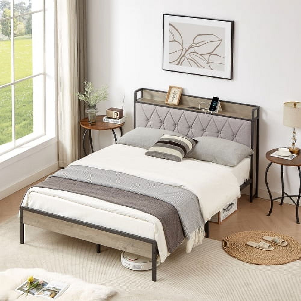 BSHTI Bed Frame with Charging Station Full Size, Grey, 83.1'' L x 56.1'' W x 39.2'' H.