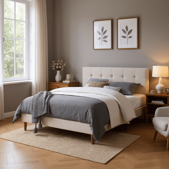 BSHTI Bedroom Modern King Size Platform Bed Frame with Upholstered Headboard and wood slats support for Livingroom,No Box Spring Needed