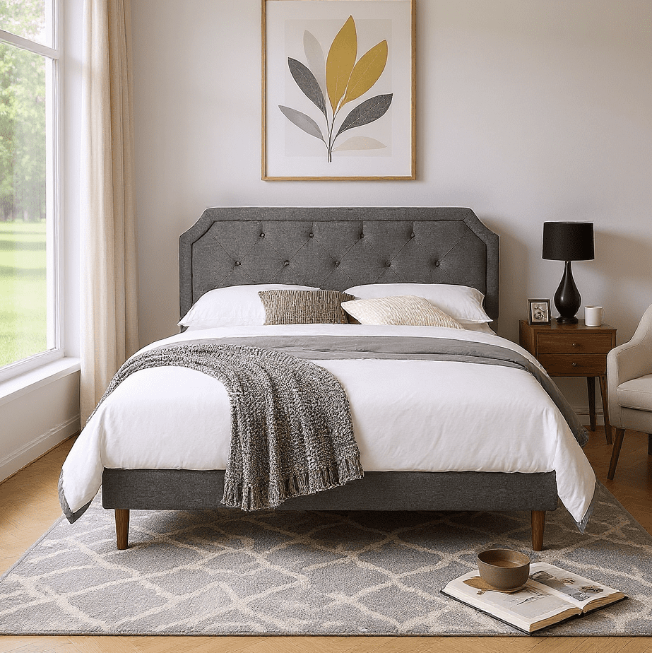 BSHTI Bedroom Modern King Size Platform Bed Frame with Upholstered Headboard and wood slats support for Livingroom,No Box Spring Needed