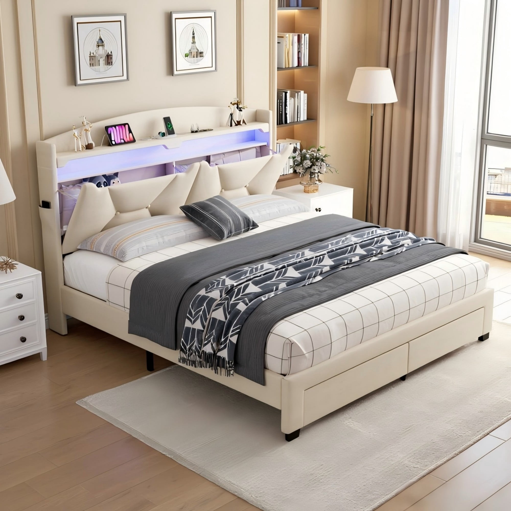 BSHTI Beige Linen Twin Bed Frame with Under-Bed Storage Drawer – Sturdy Platform Bed Base, No Box Spring Needed – Upholstered Frame for Bedroom, Guest Room, Small Space