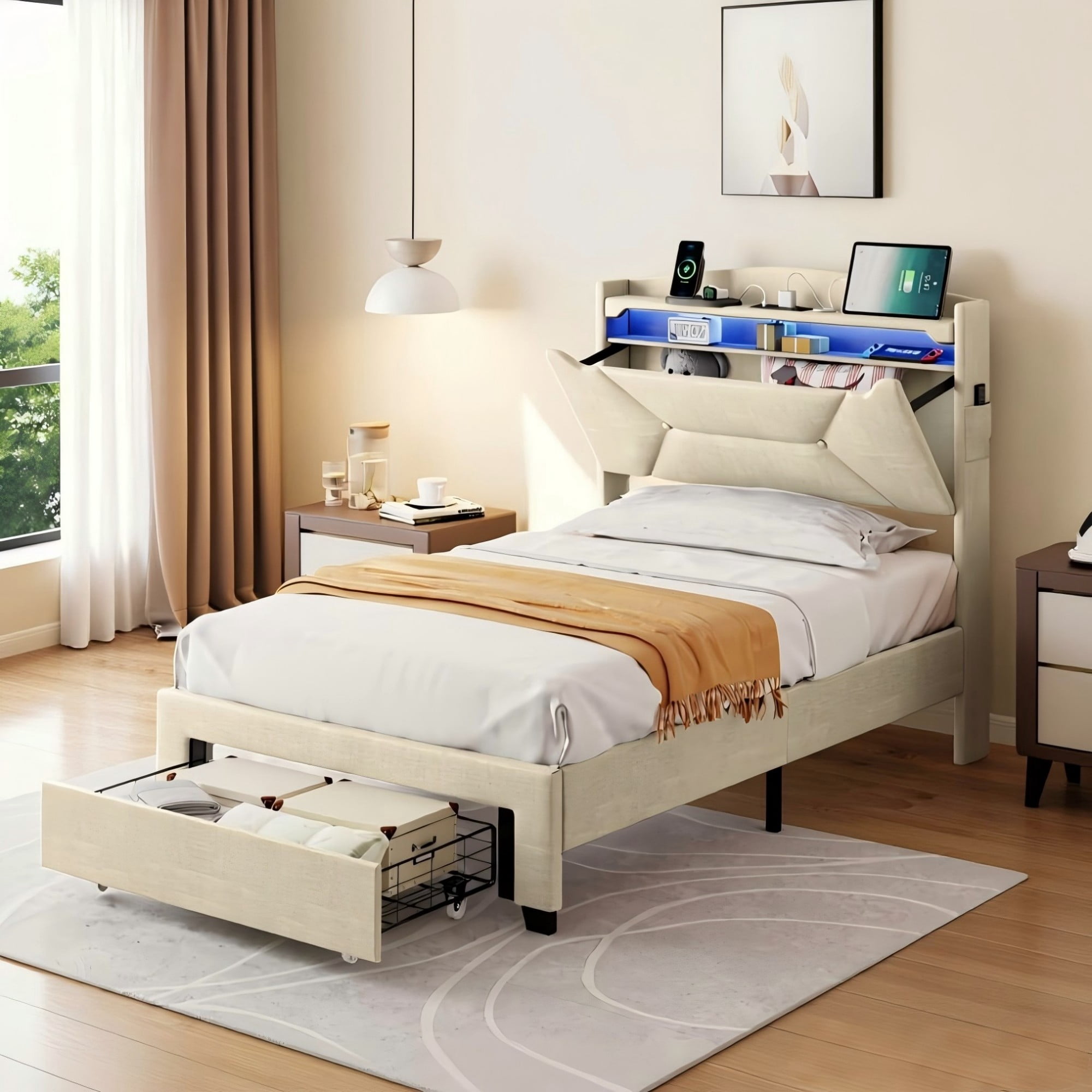 BSHTI Beige Linen Twin Bed Headboard with LED Lights & USB Charging Station – Multi-Storage Upholstered Headboard with Open Shelves & Hidden Compartment – Easy Installation